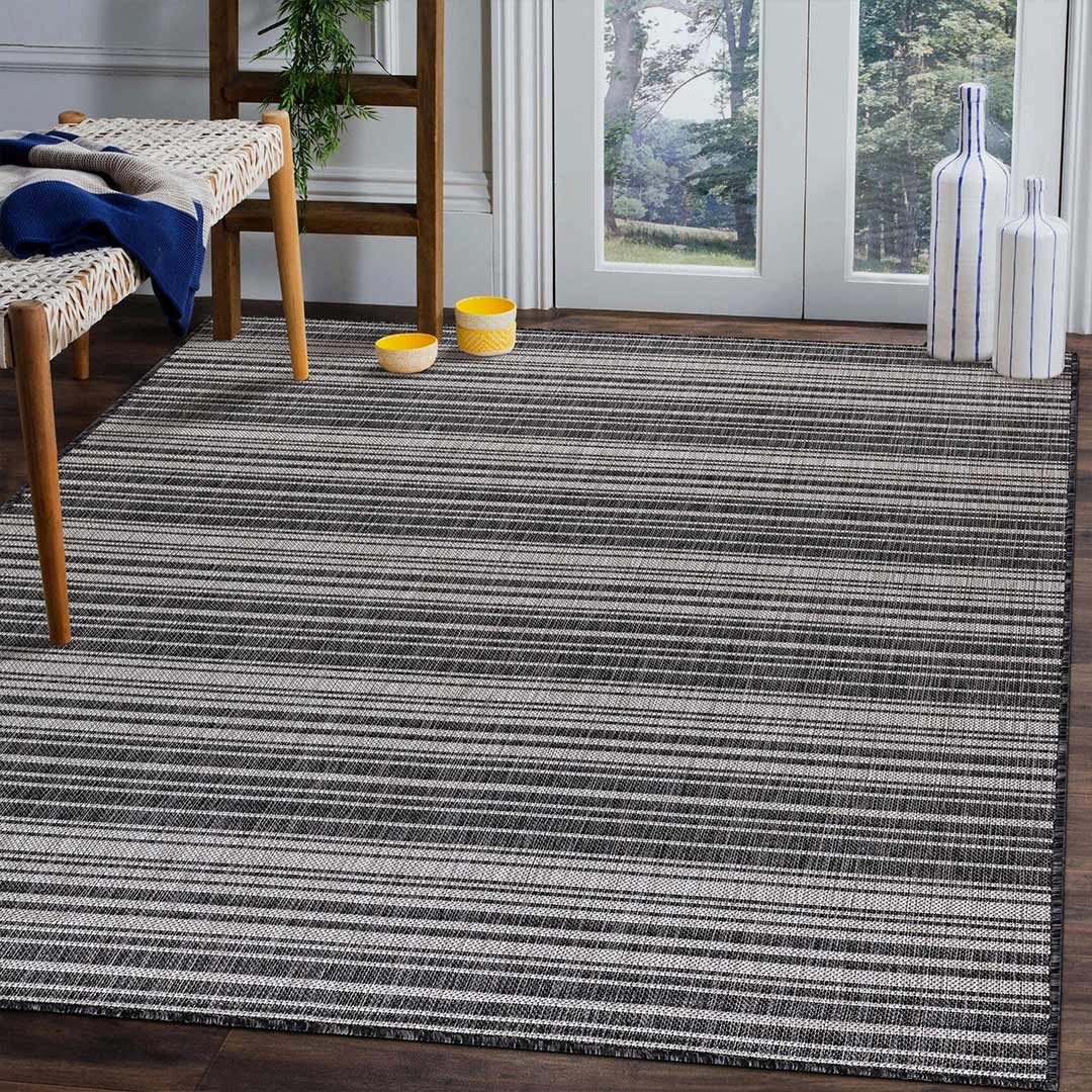 Waikiki Dark Gray Striped Outdoor Area Rug