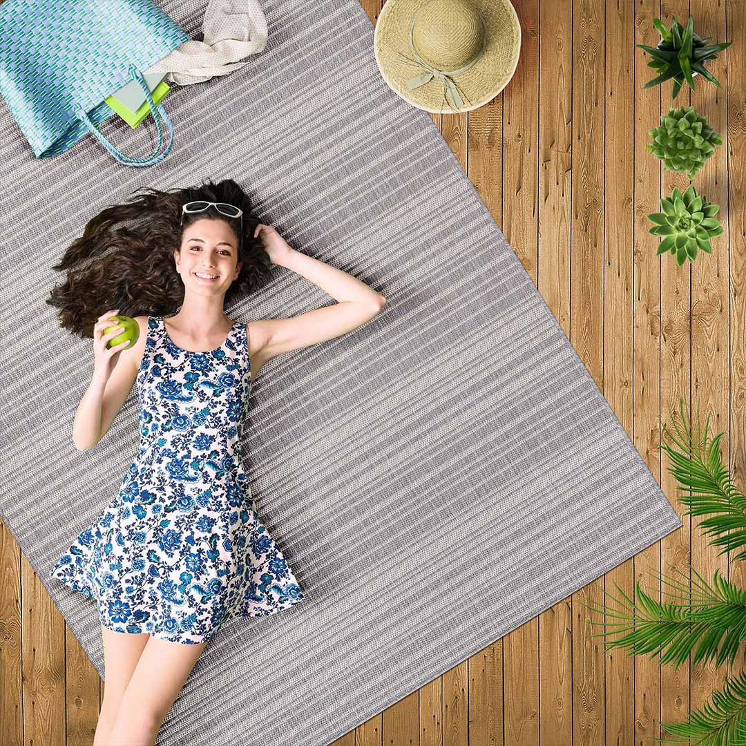 Waikiki Gray Striped Outdoor Area Rug