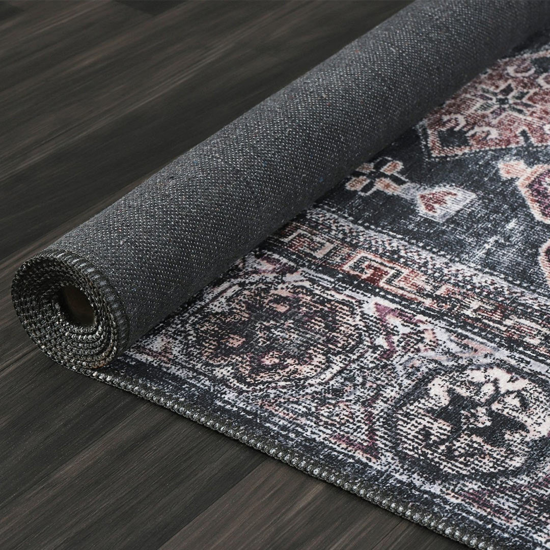 Venice Black Oriental Washable Indoor Area Rug