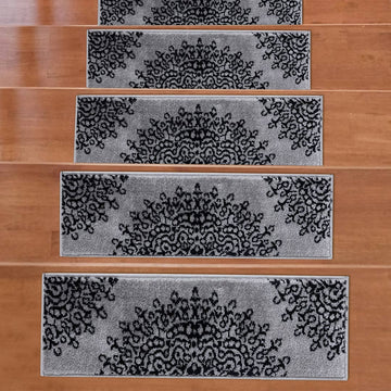 Valencia Dark Gray Medallion Non-Slip Stair Treads Rug-Setof7