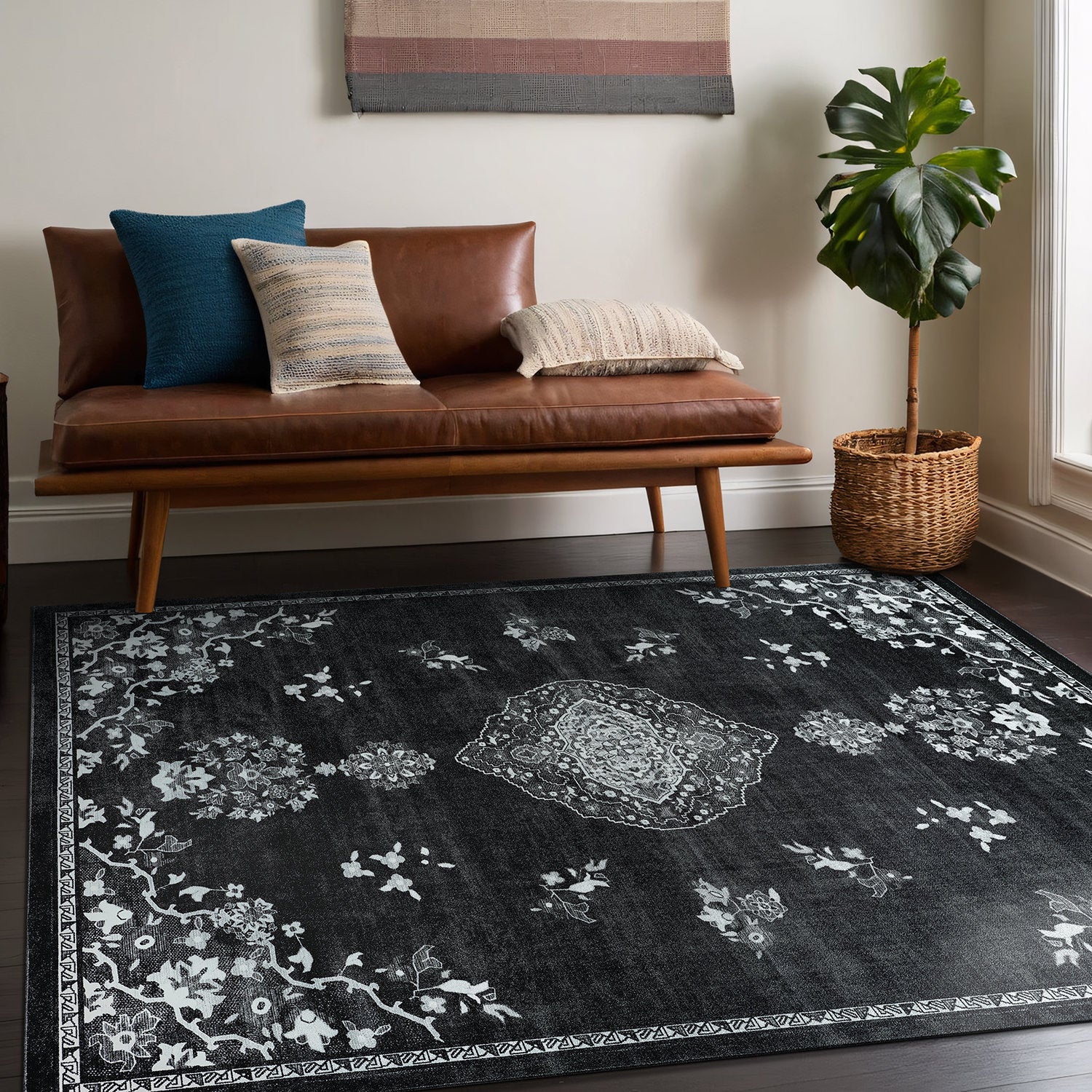Colorful Black Boho Medallion Floral Non Slip Easy Silk Soft Indoor Rug