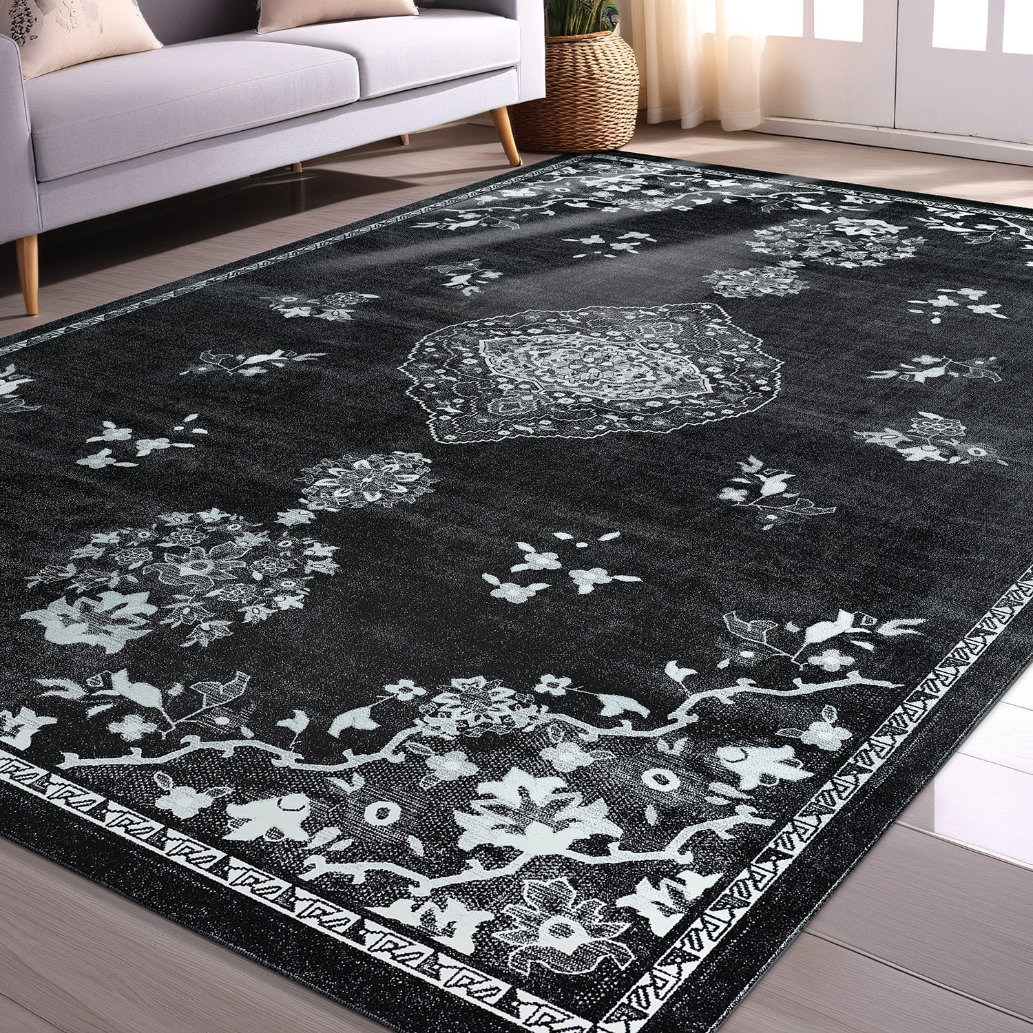 Colorful Black Boho Medallion Floral Non Slip Easy Silk Soft Indoor Rug