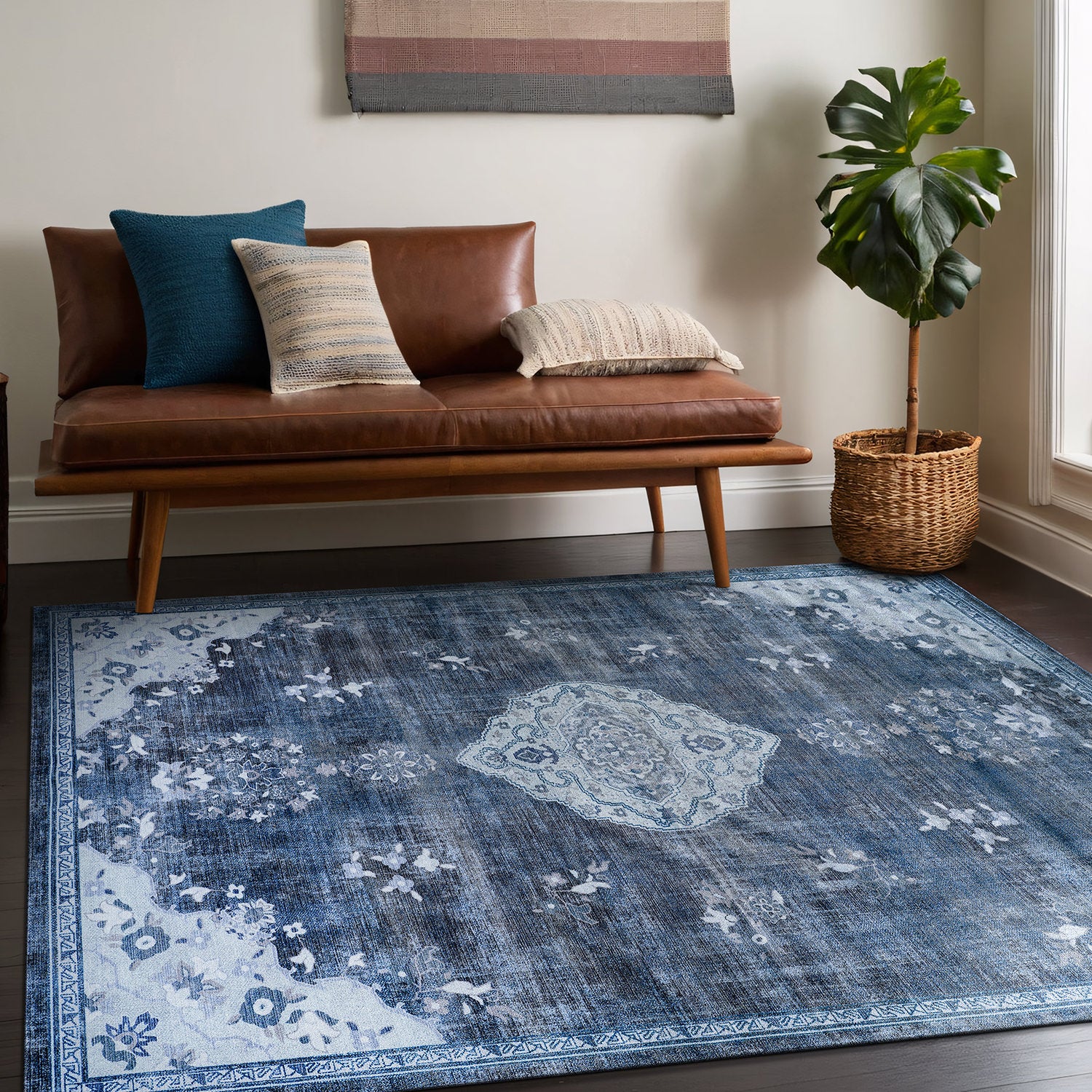 Colorful Blue Boho Medallion Floral Non Slip Easy Silk Soft Indoor Rug