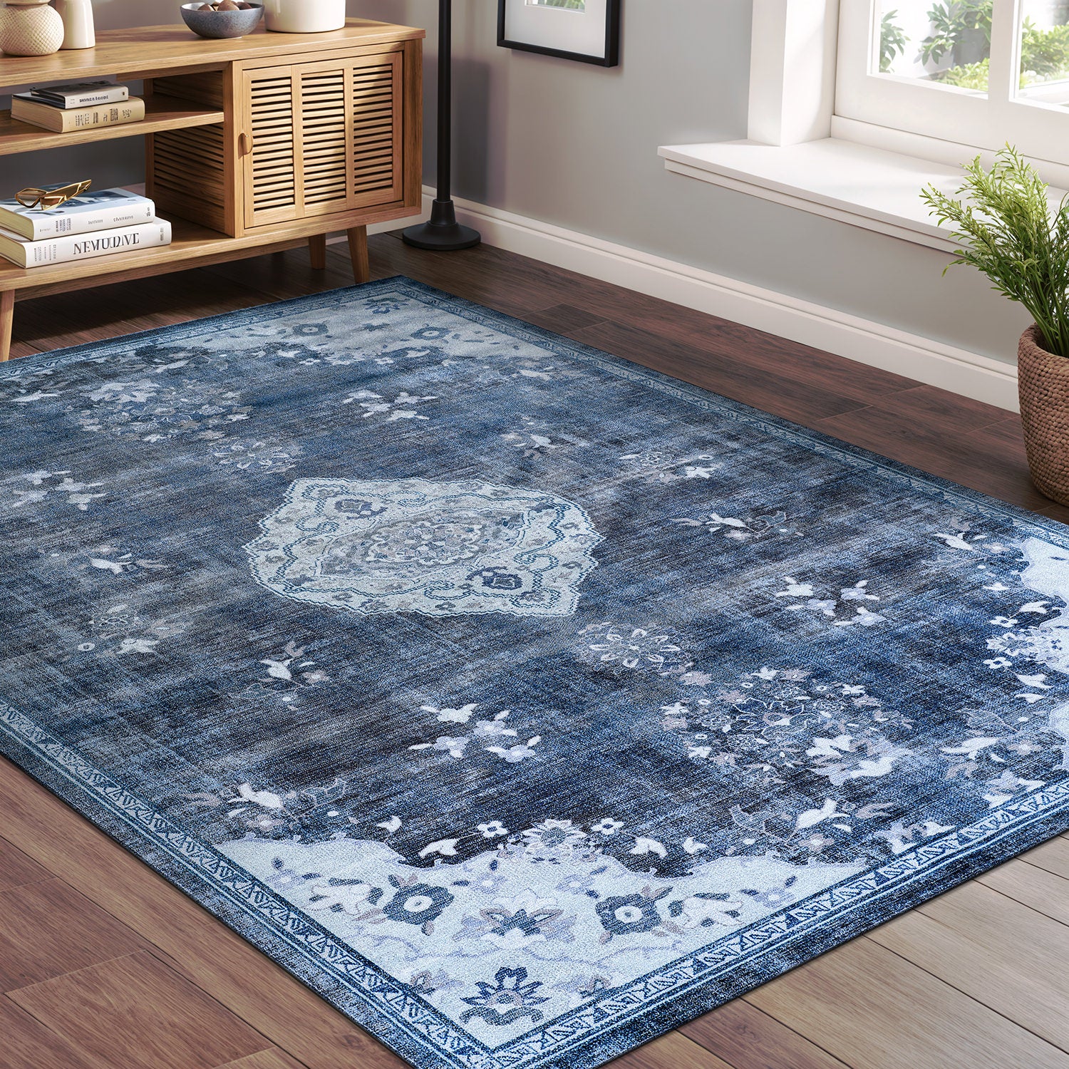Colorful Blue Boho Medallion Floral Non Slip Easy Silk Soft Indoor Rug