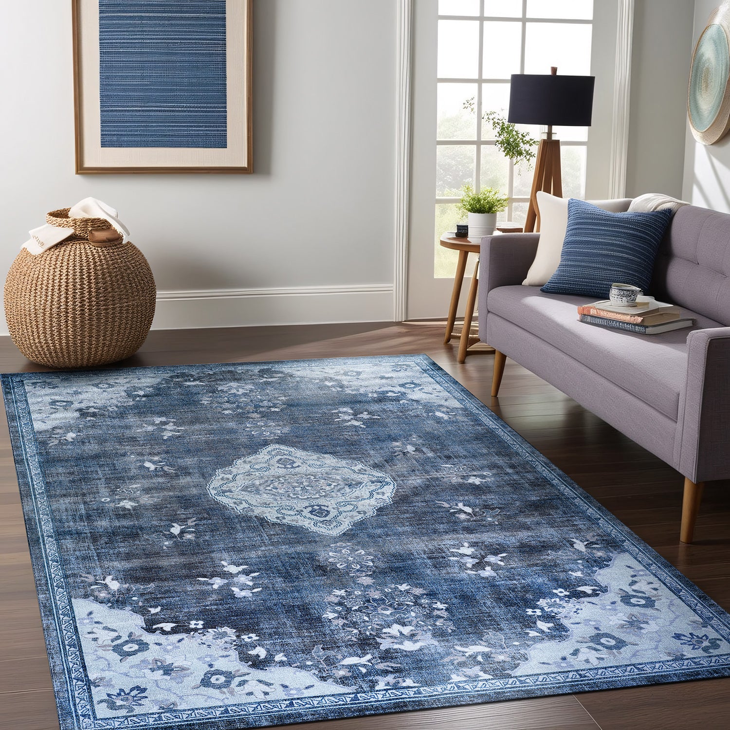Colorful Blue Boho Medallion Floral Non Slip Easy Silk Soft Indoor Rug