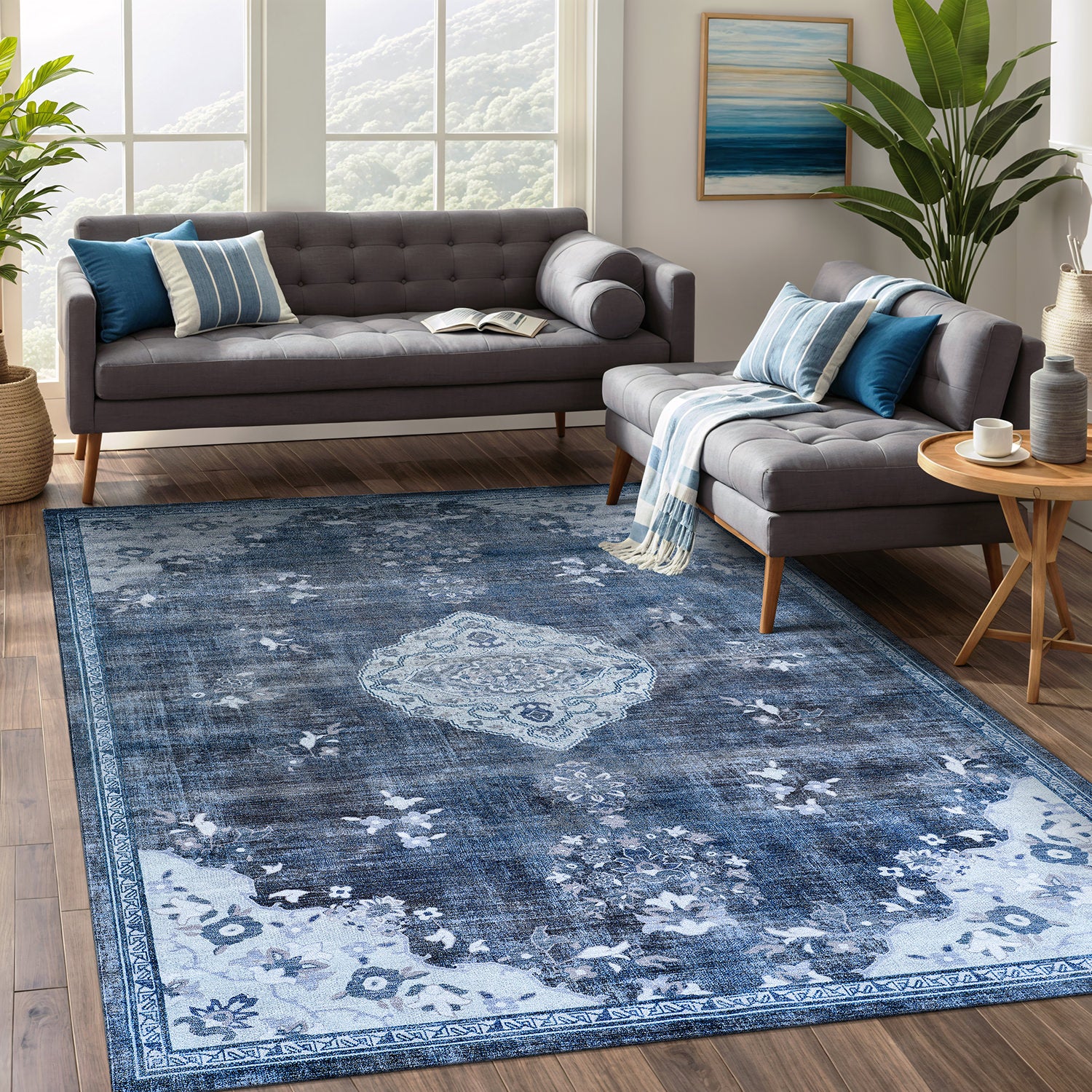 Colorful Blue Boho Medallion Floral Non Slip Easy Silk Soft Indoor Rug