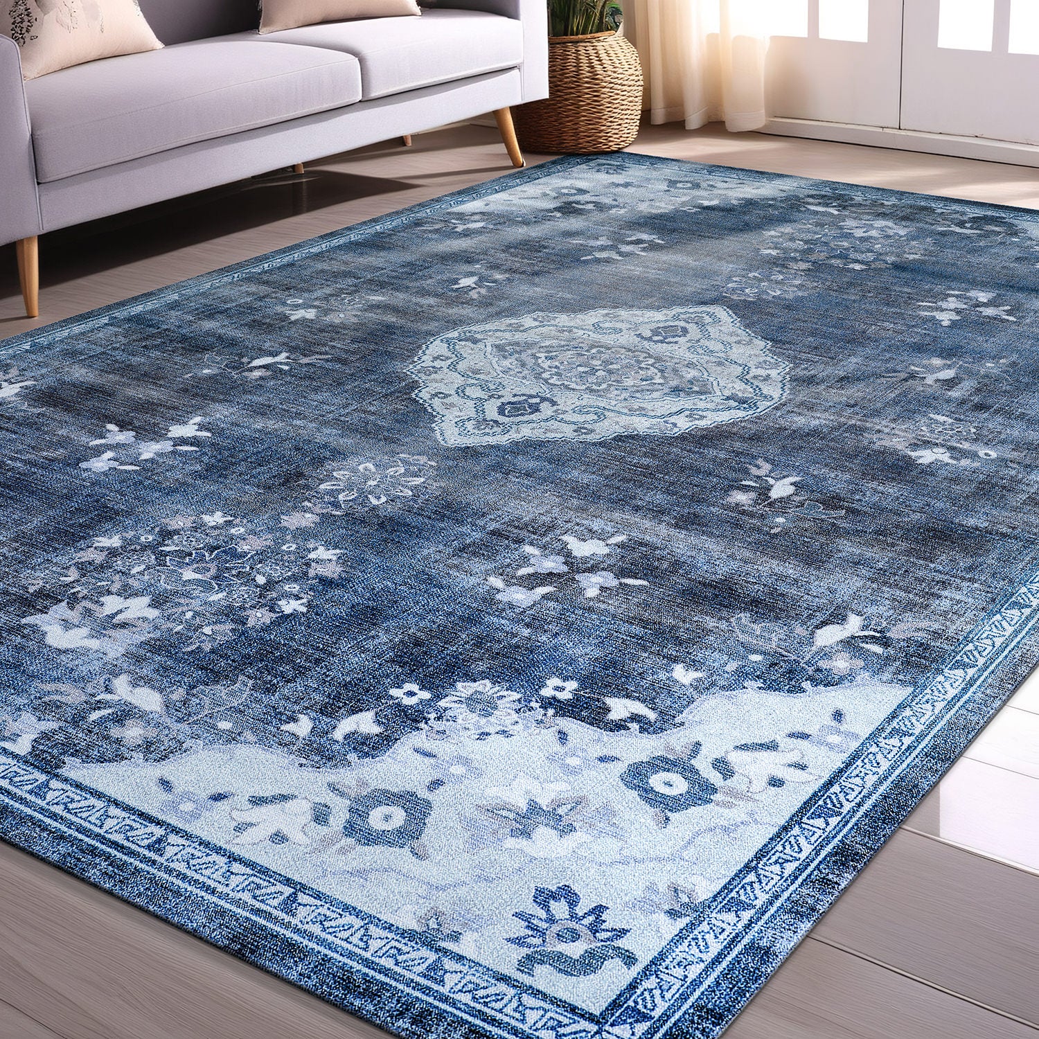 Colorful Blue Boho Medallion Floral Non Slip Easy Silk Soft Indoor Rug