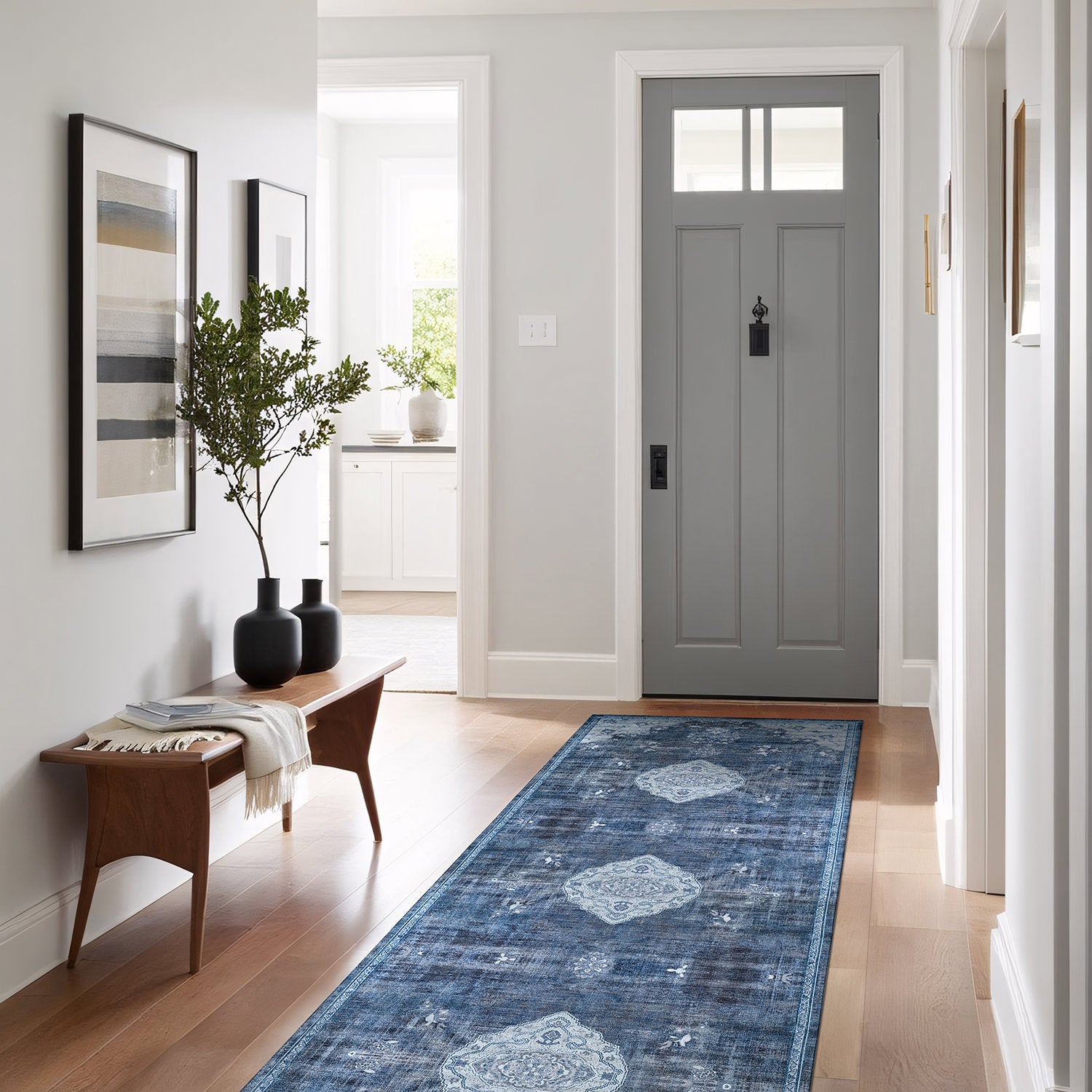 Colorful Blue Boho Medallion Floral Non Slip Easy Silk Soft Indoor Rug