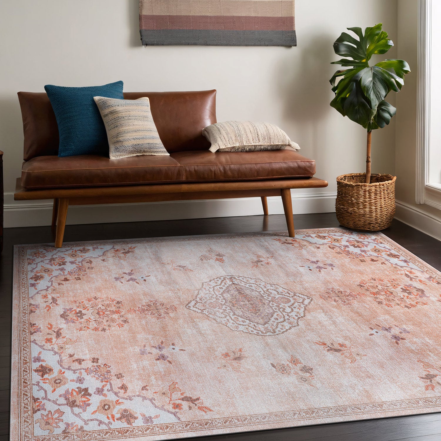 Colorful Pink Boho Medallion Floral Non Slip Easy Silk Soft Indoor Rug