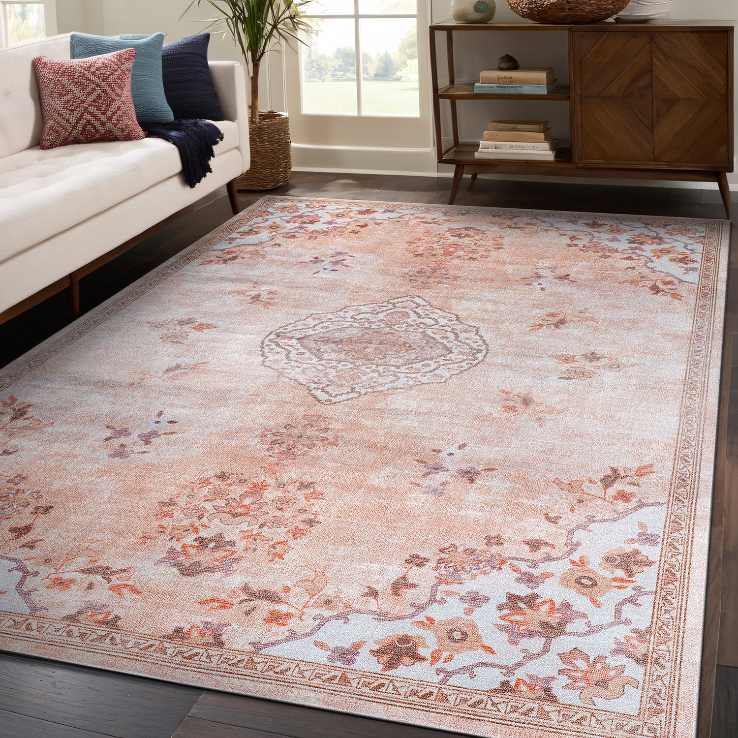 Colorful Pink Boho Medallion Floral Non Slip Easy Silk Soft Indoor Rug