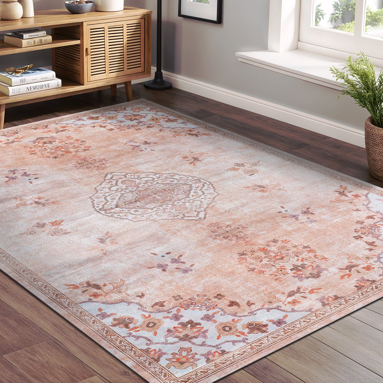 Colorful Pink Boho Medallion Floral Non Slip Easy Silk Soft Indoor Rug