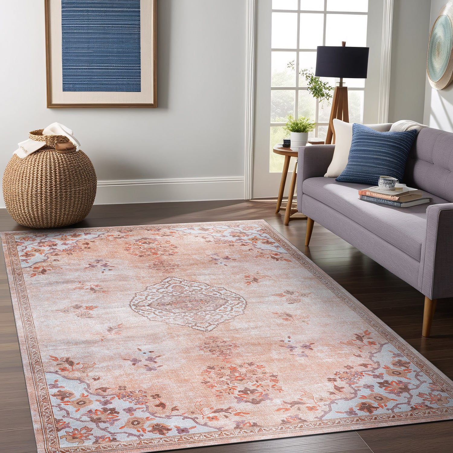 Colorful Pink Boho Medallion Floral Non Slip Easy Silk Soft Indoor Rug