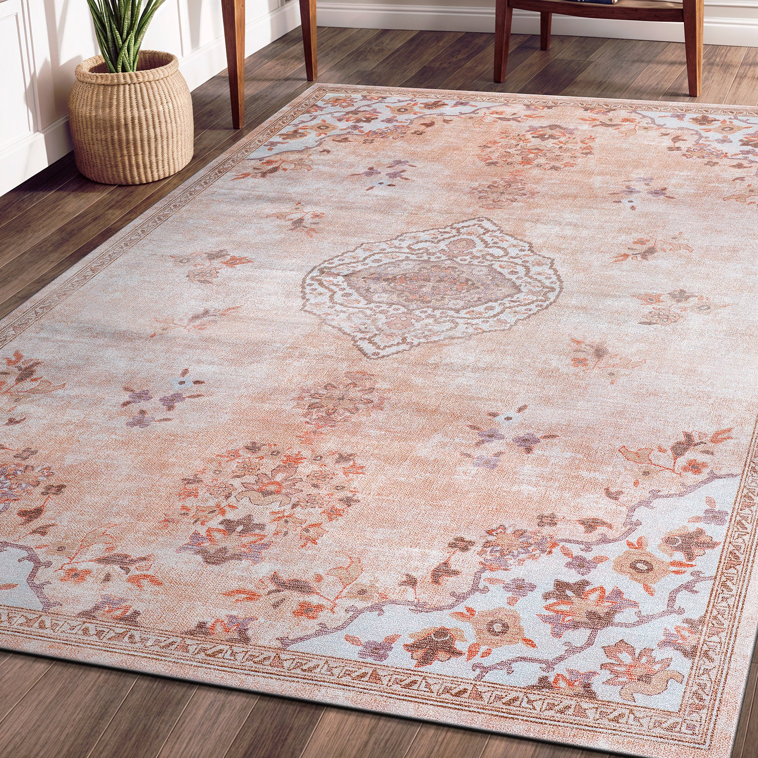 Colorful Pink Boho Medallion Floral Non Slip Easy Silk Soft Indoor Rug