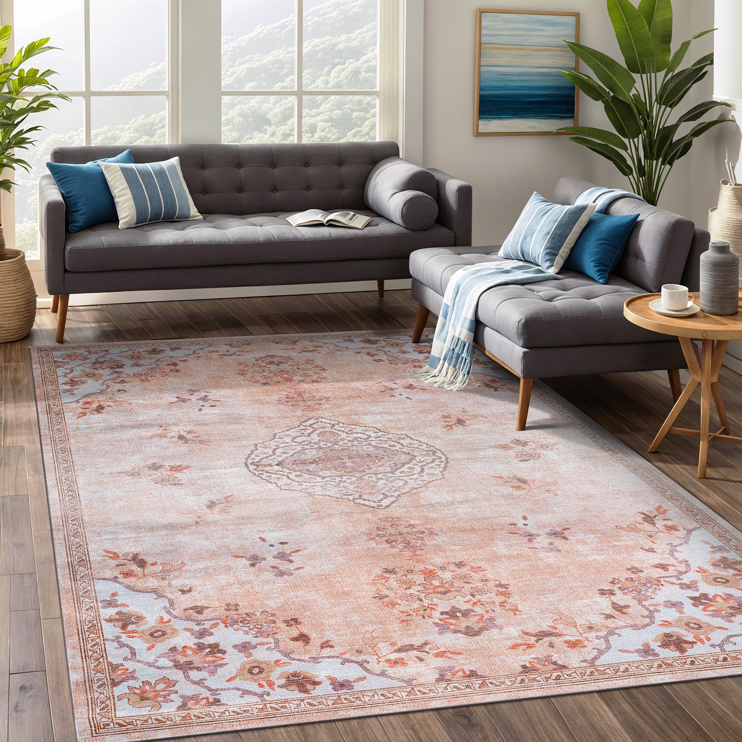 Colorful Pink Boho Medallion Floral Non Slip Easy Silk Soft Indoor Rug