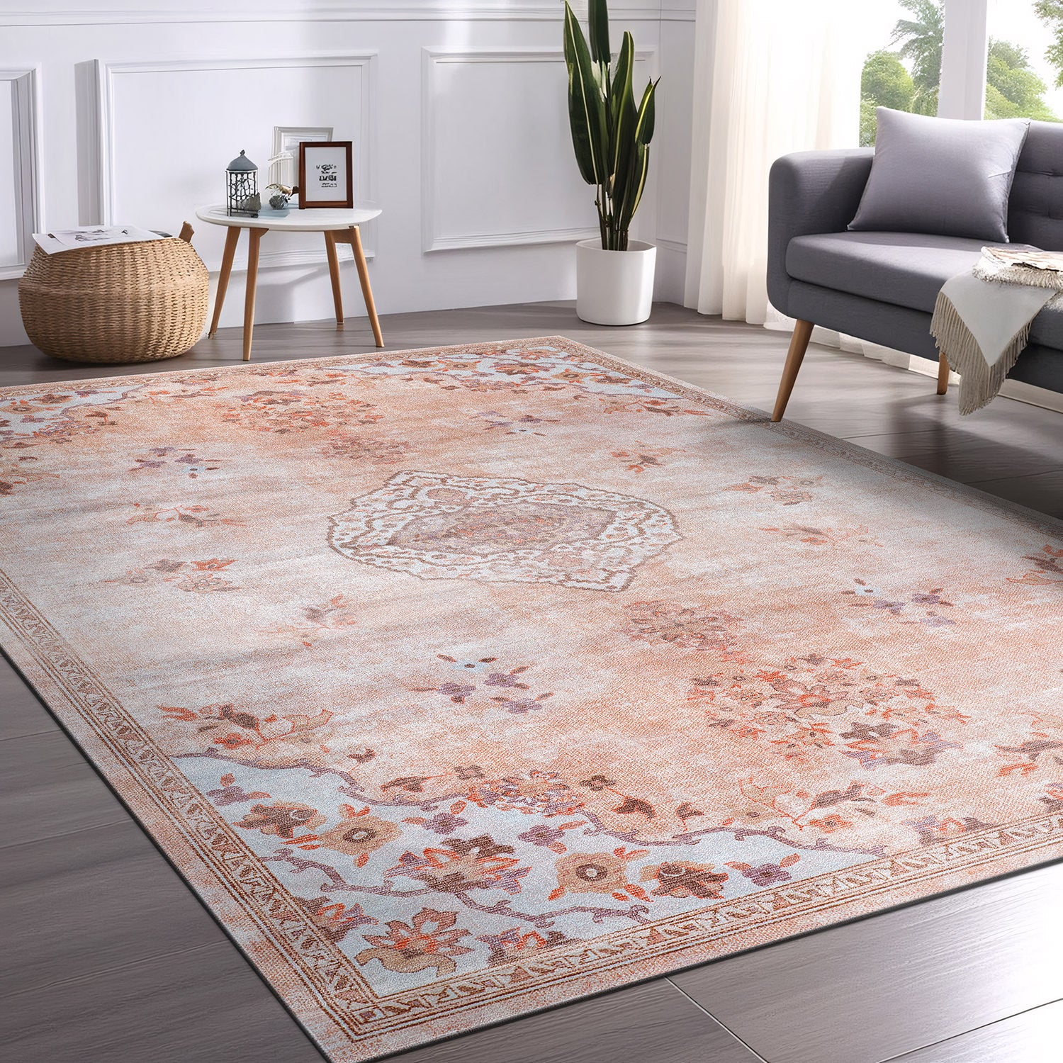 Colorful Pink Boho Medallion Floral Non Slip Easy Silk Soft Indoor Rug