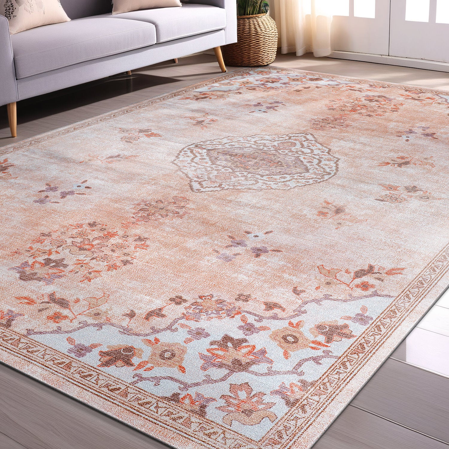 Colorful Pink Boho Medallion Floral Non Slip Easy Silk Soft Indoor Rug