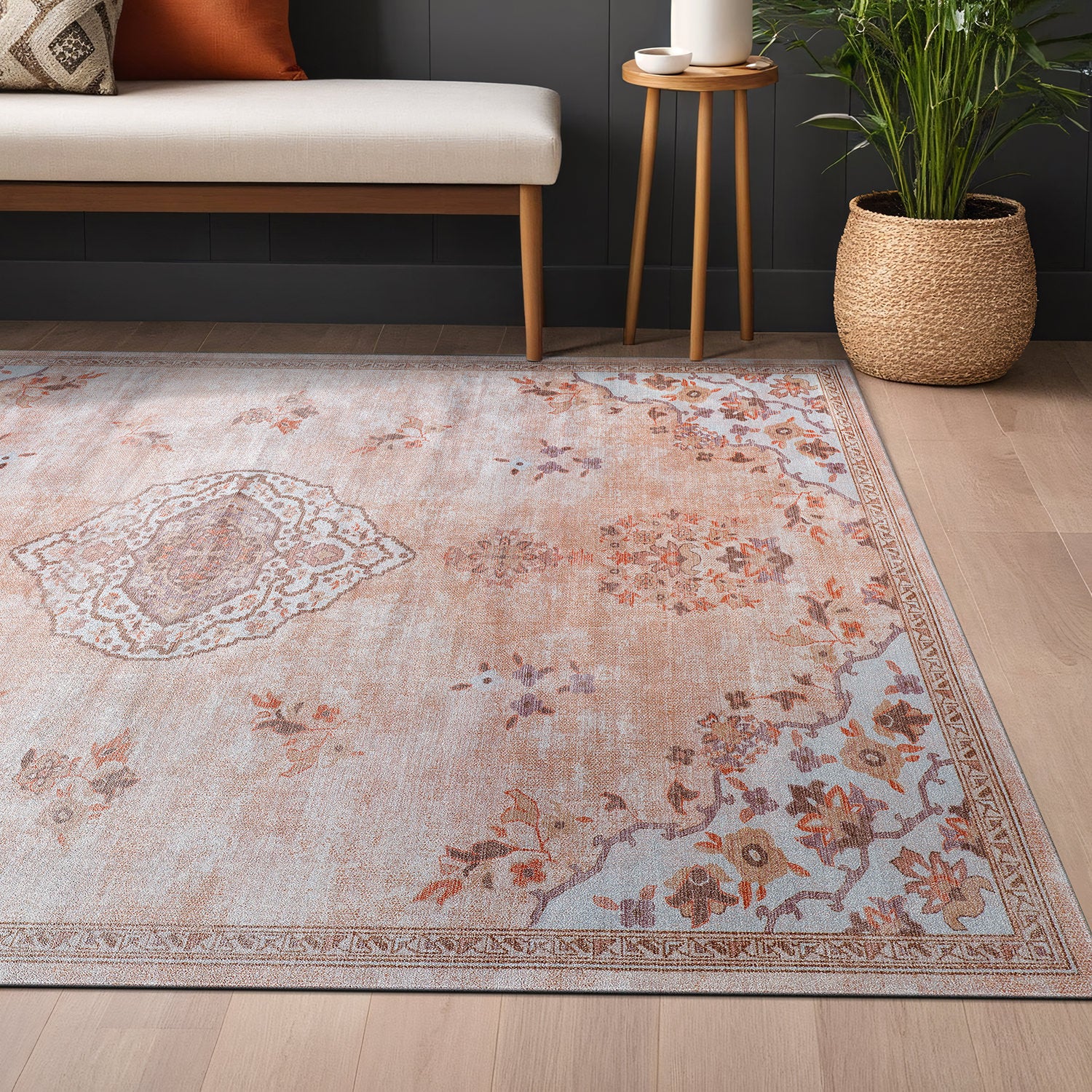 Colorful Pink Boho Medallion Floral Non Slip Easy Silk Soft Indoor Rug