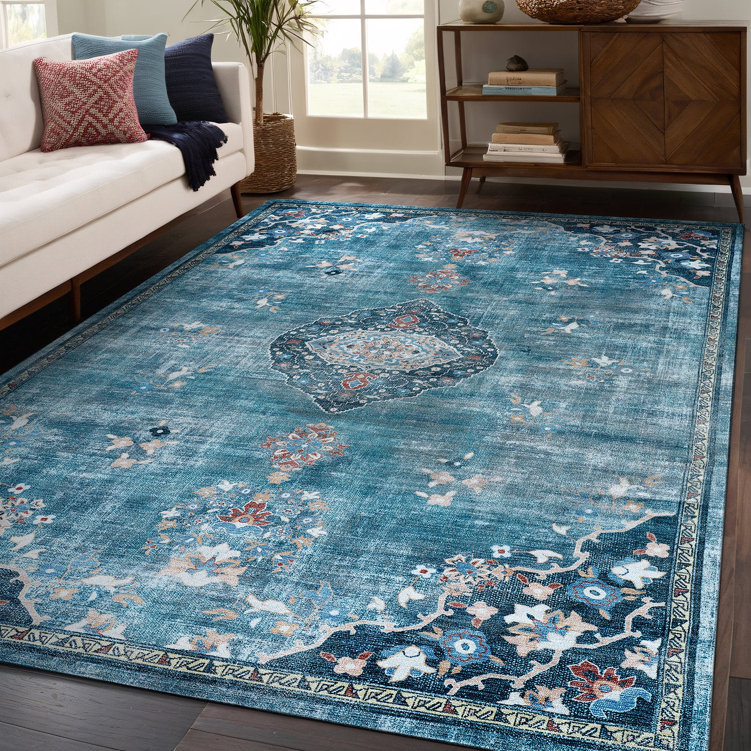 Colorful Teal Boho Medallion Floral Non Slip Easy Silk Soft Rug
