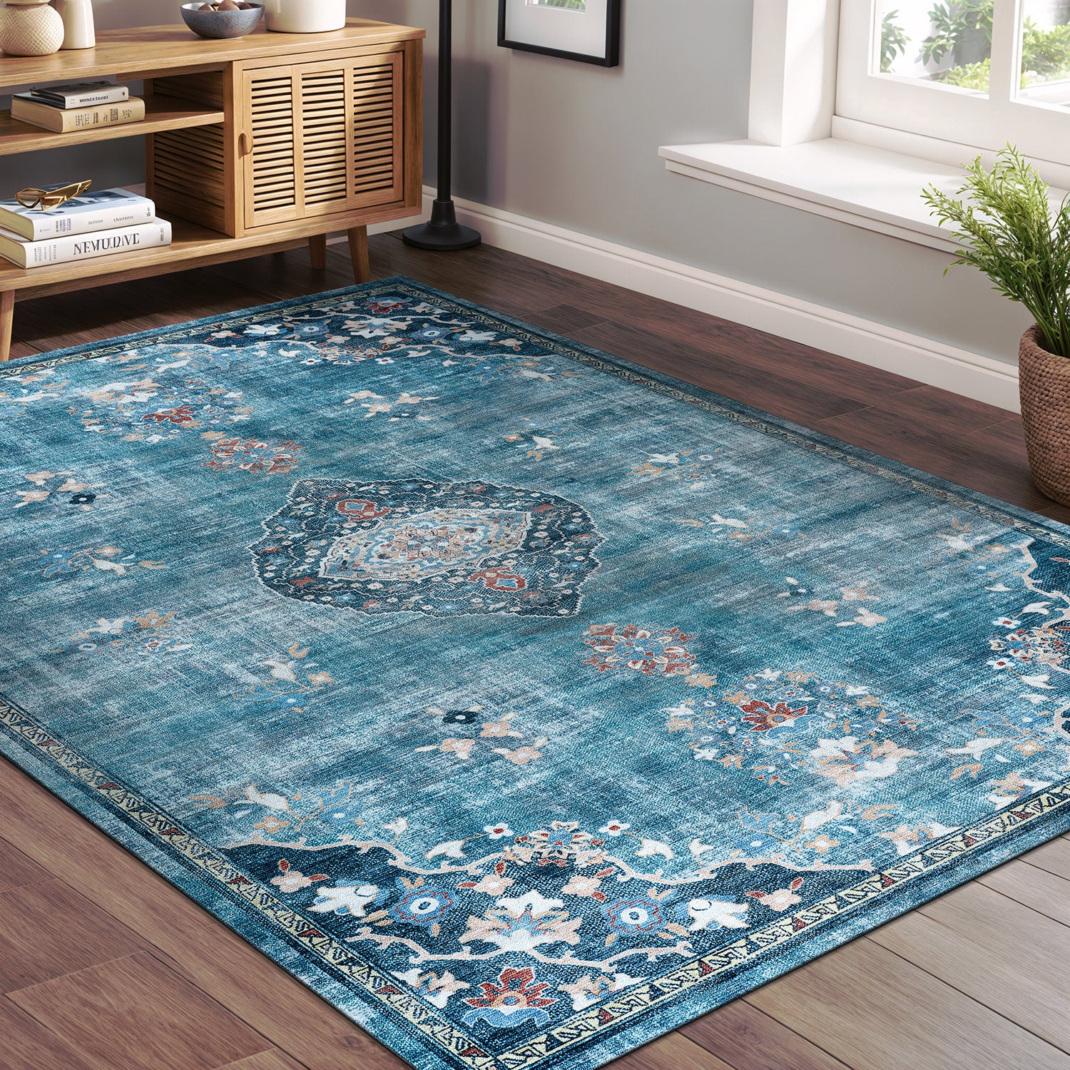 Colorful Teal Boho Medallion Floral Non Slip Easy Silk Soft Rug