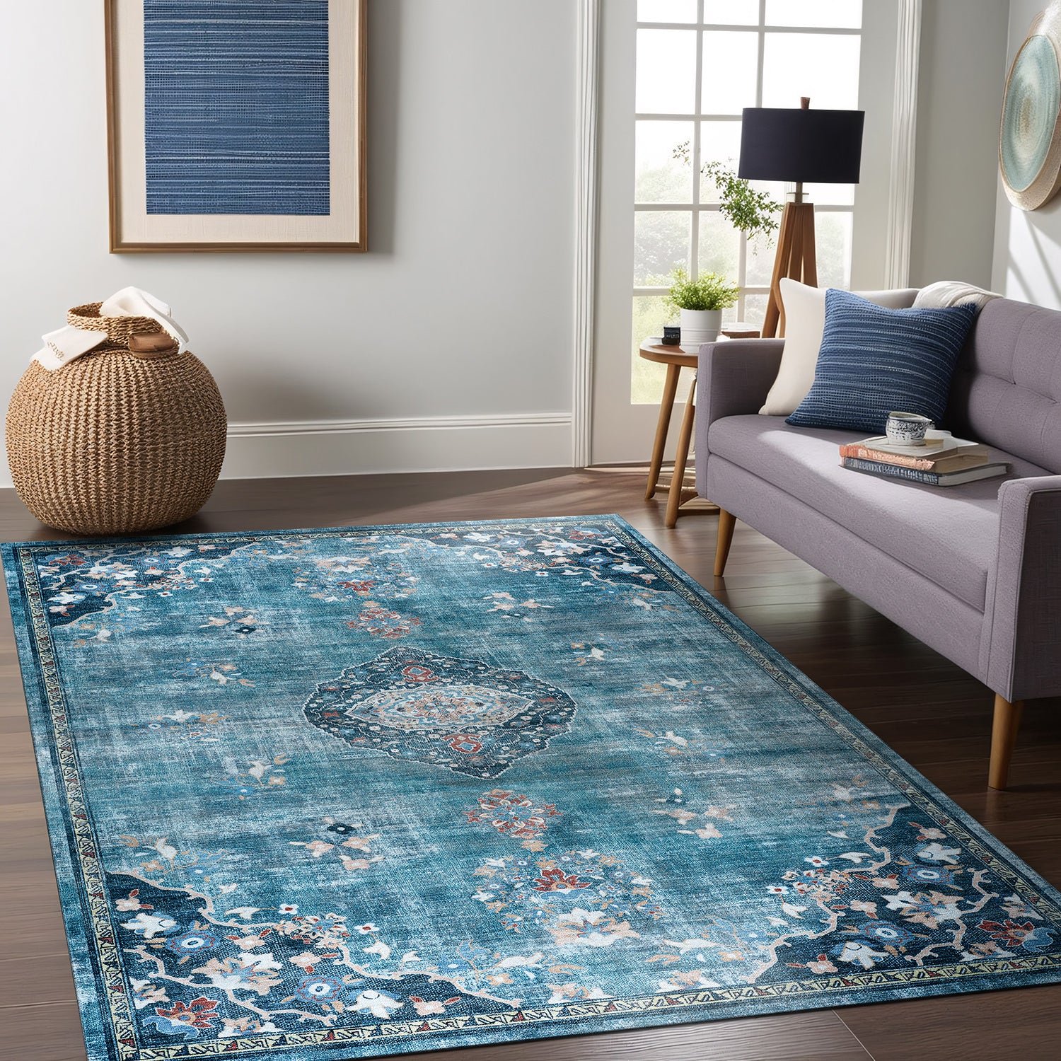 Colorful Teal Boho Medallion Floral Non Slip Easy Silk Soft Rug