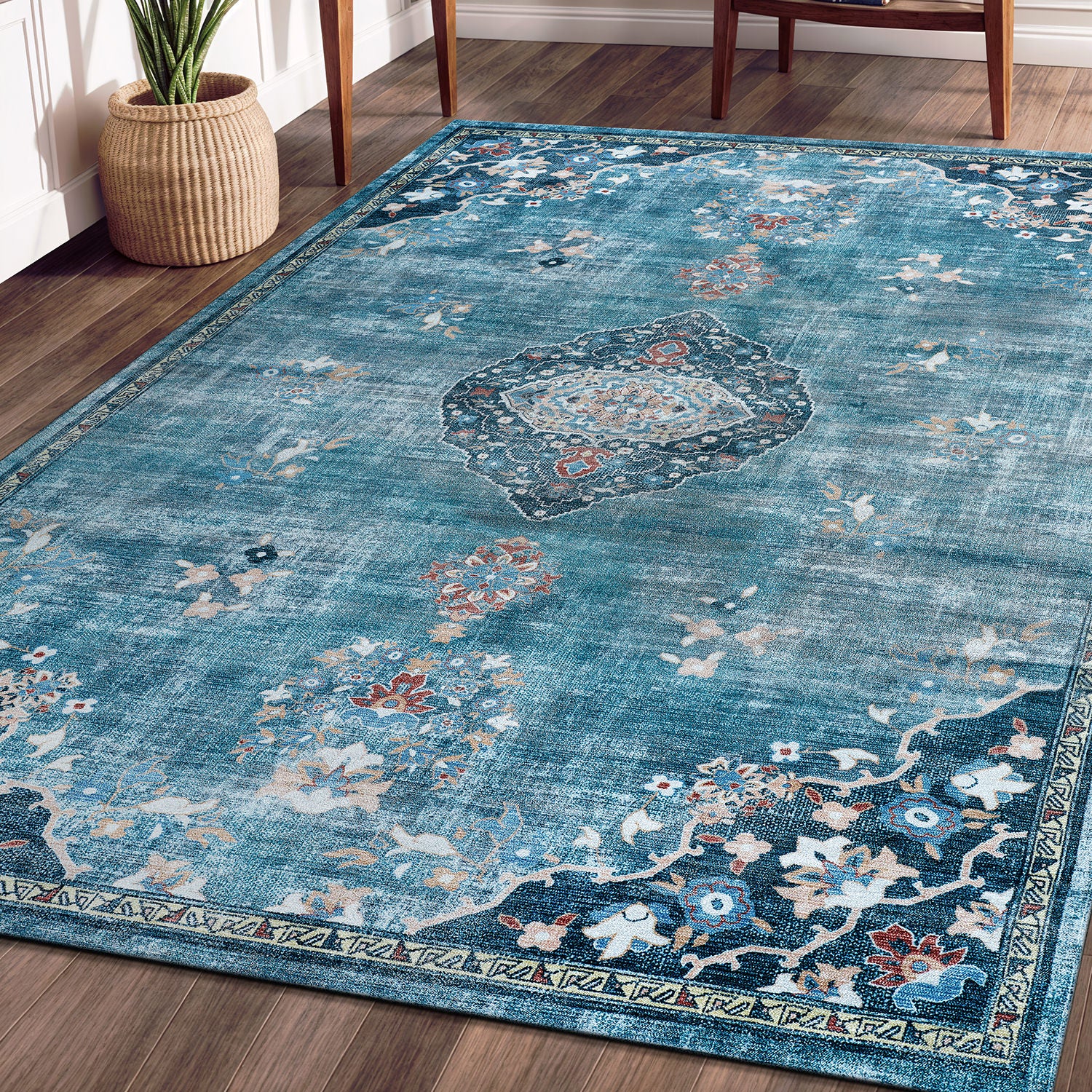 Colorful Teal Boho Medallion Floral Non Slip Easy Silk Soft Rug