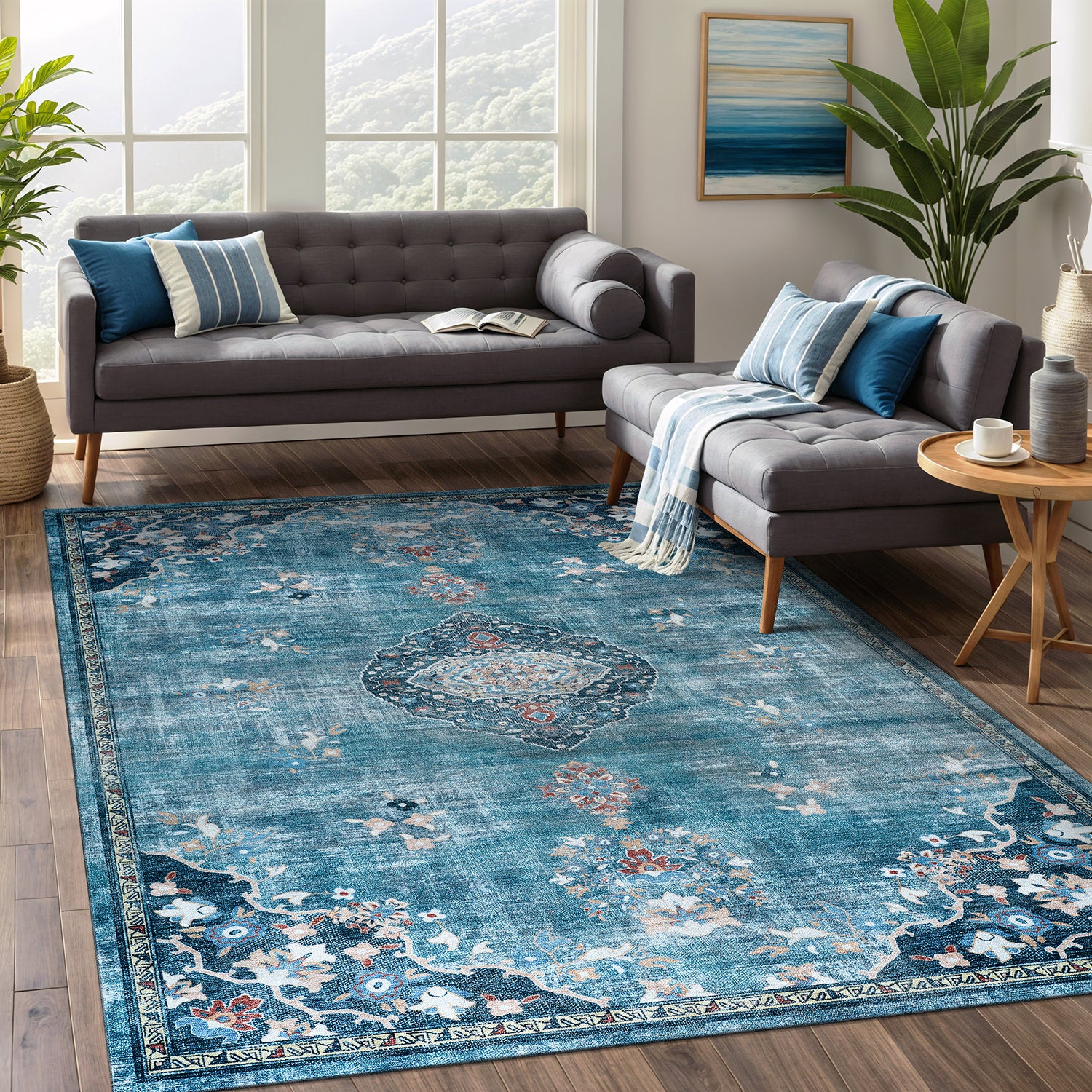 Colorful Teal Boho Medallion Floral Non Slip Easy Silk Soft Rug