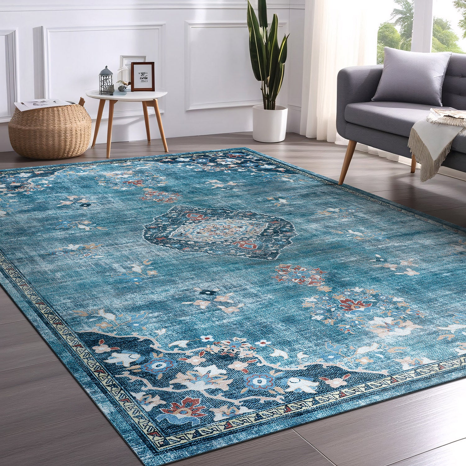 Colorful Teal Boho Medallion Floral Non Slip Easy Silk Soft Rug