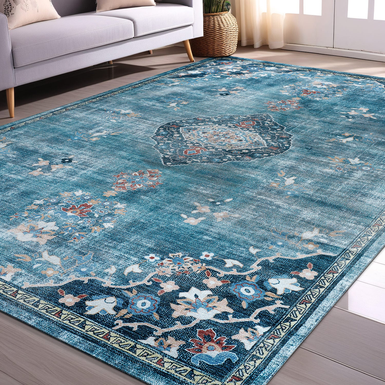 Colorful Teal Boho Medallion Floral Non Slip Easy Silk Soft Rug