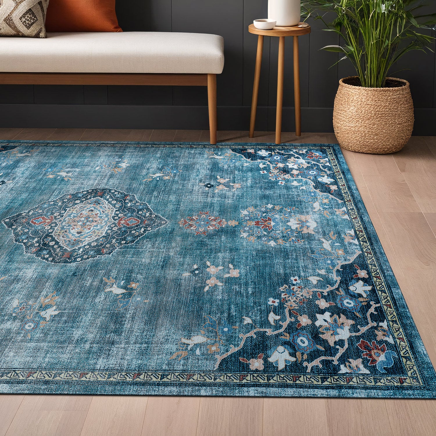Colorful Teal Boho Medallion Floral Non Slip Easy Silk Soft Rug