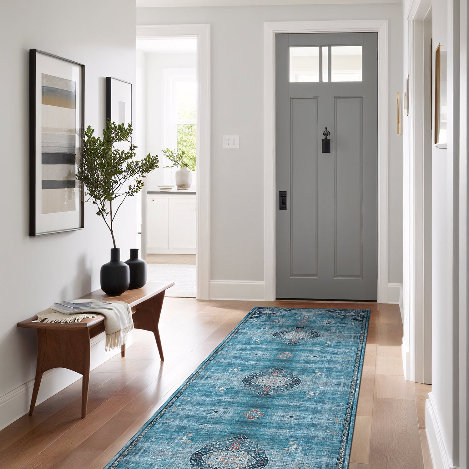 Colorful Teal Boho Medallion Floral Non Slip Easy Silk Soft Rug