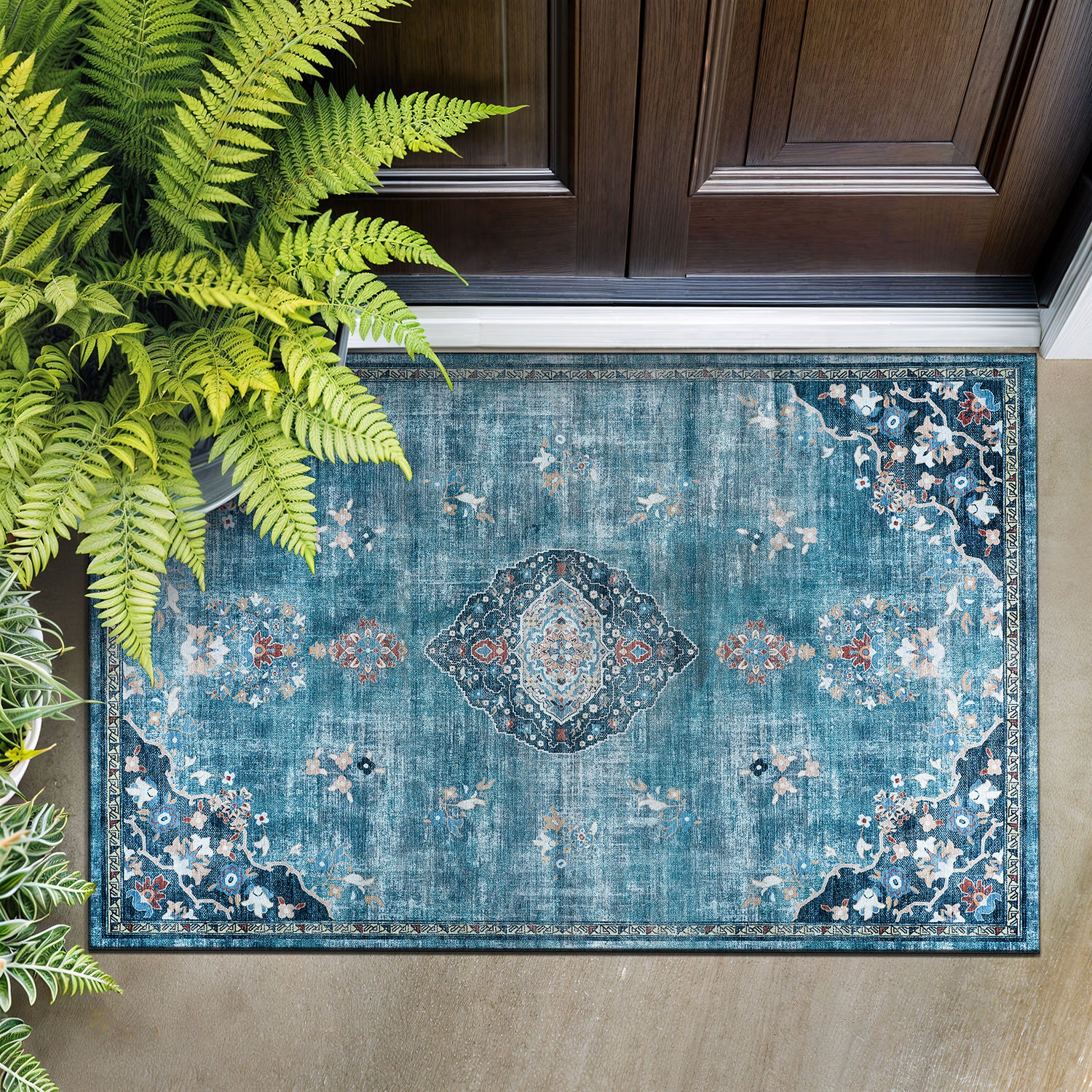 Colorful Teal Boho Medallion Floral Non Slip Easy Silk Soft Rug