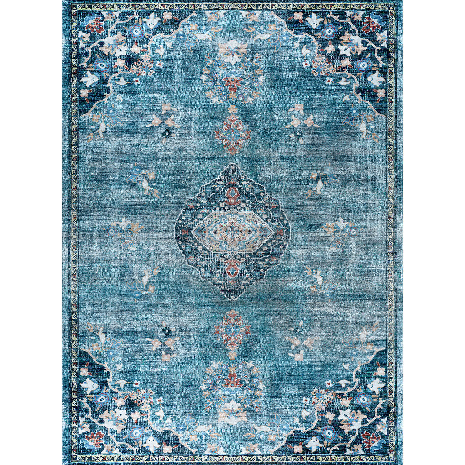 Colorful Teal Boho Medallion Floral Non Slip Easy Silk Soft Rug