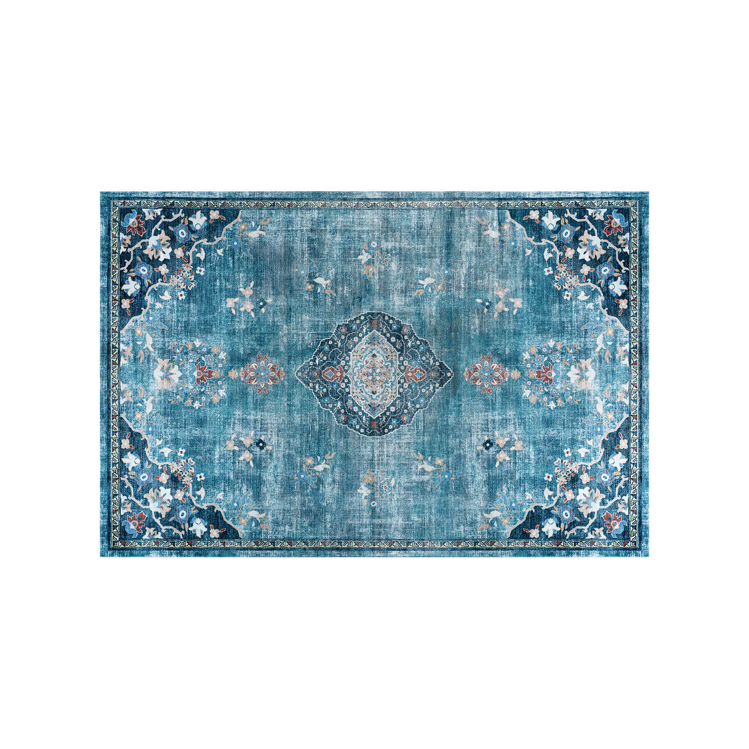 Colorful Teal Boho Medallion Floral Non Slip Easy Silk Soft Rug