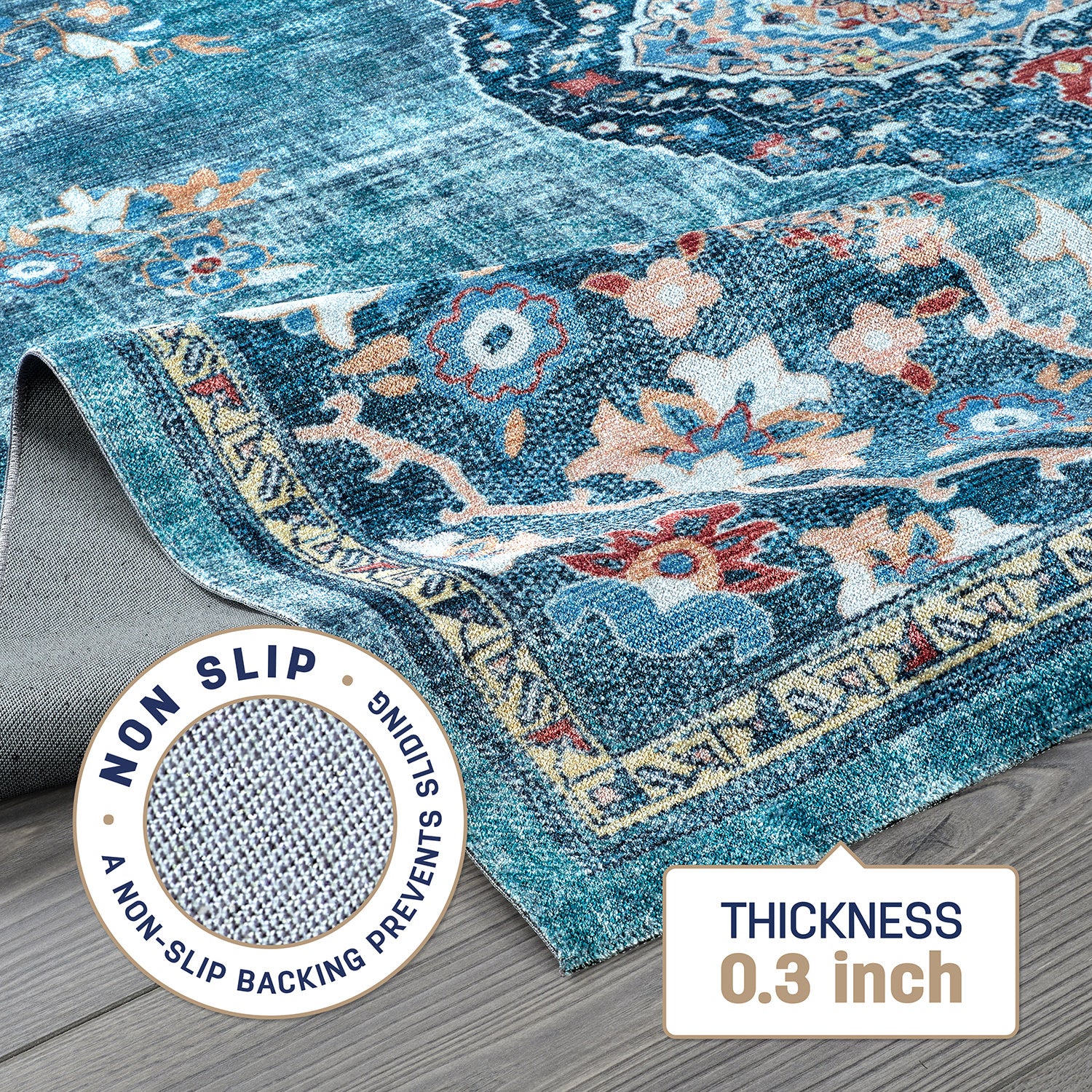 Colorful Teal Boho Medallion Floral Non Slip Easy Silk Soft Rug