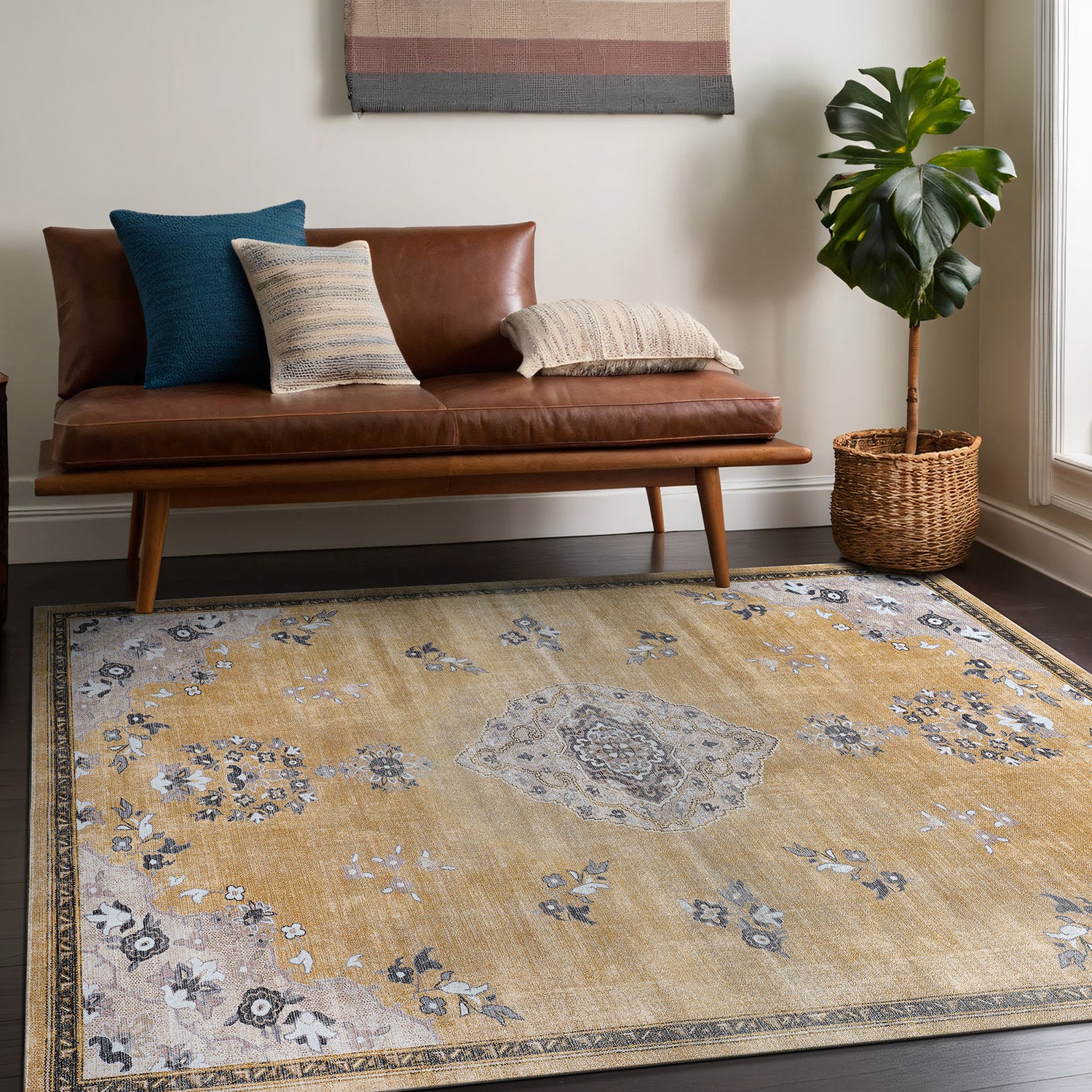 Colorful Yellow Boho Medallion Floral Non Slip Easy Silk Soft Indoor Rug