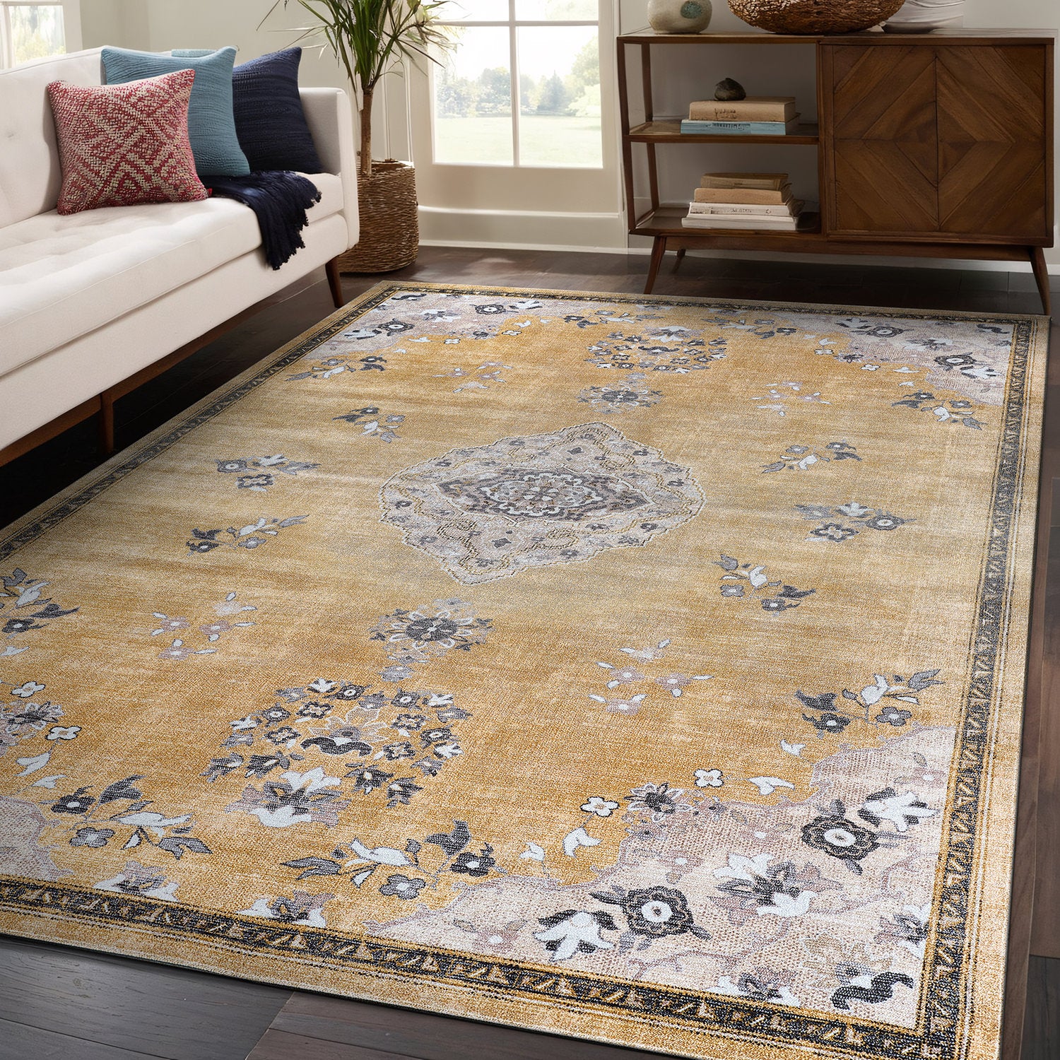 Colorful Yellow Boho Medallion Floral Non Slip Easy Silk Soft Indoor Rug