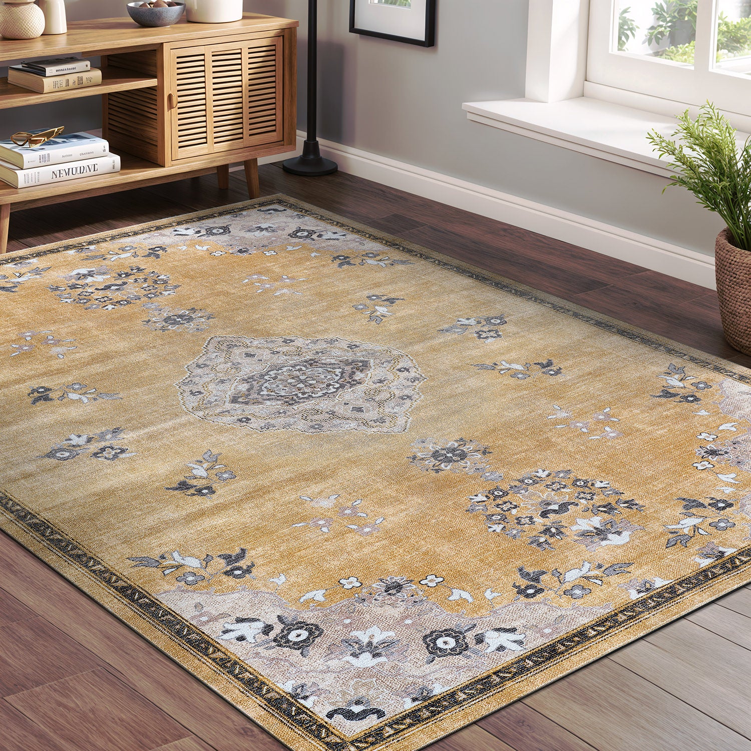 Colorful Yellow Boho Medallion Floral Non Slip Easy Silk Soft Indoor Rug