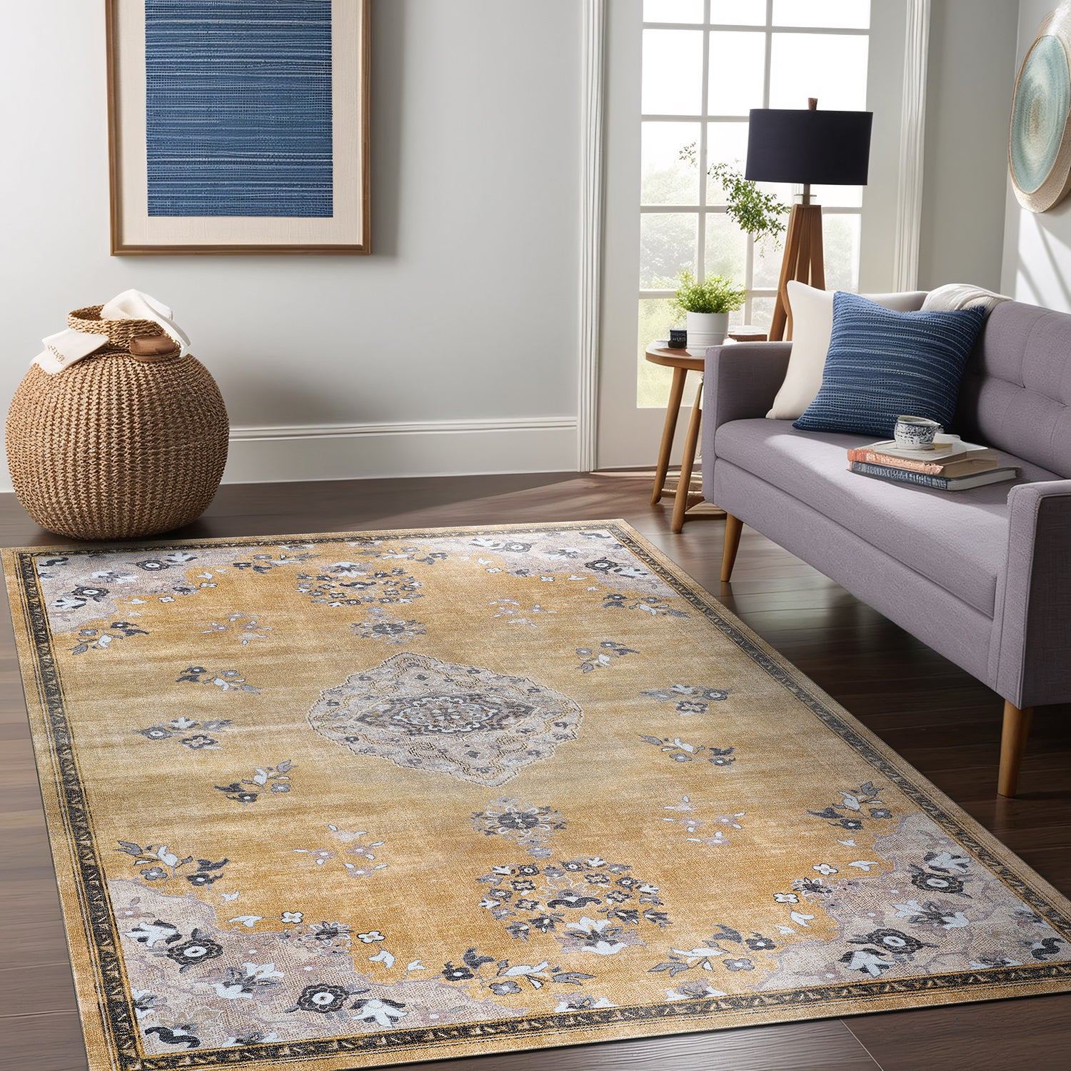 Colorful Yellow Boho Medallion Floral Non Slip Easy Silk Soft Indoor Rug
