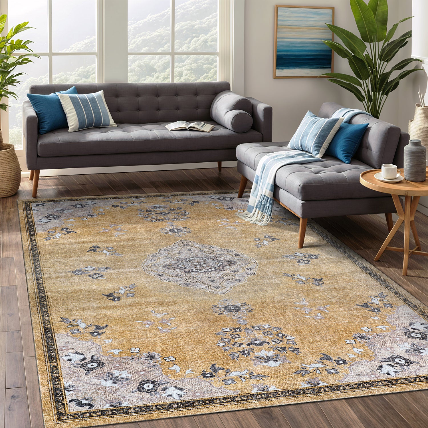 Colorful Yellow Boho Medallion Floral Non Slip Easy Silk Soft Indoor Rug