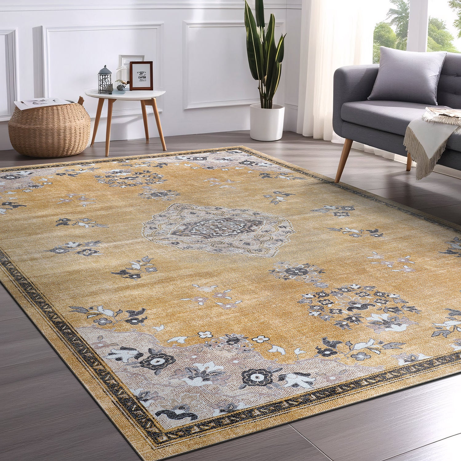 Colorful Yellow Boho Medallion Floral Non Slip Easy Silk Soft Indoor Rug