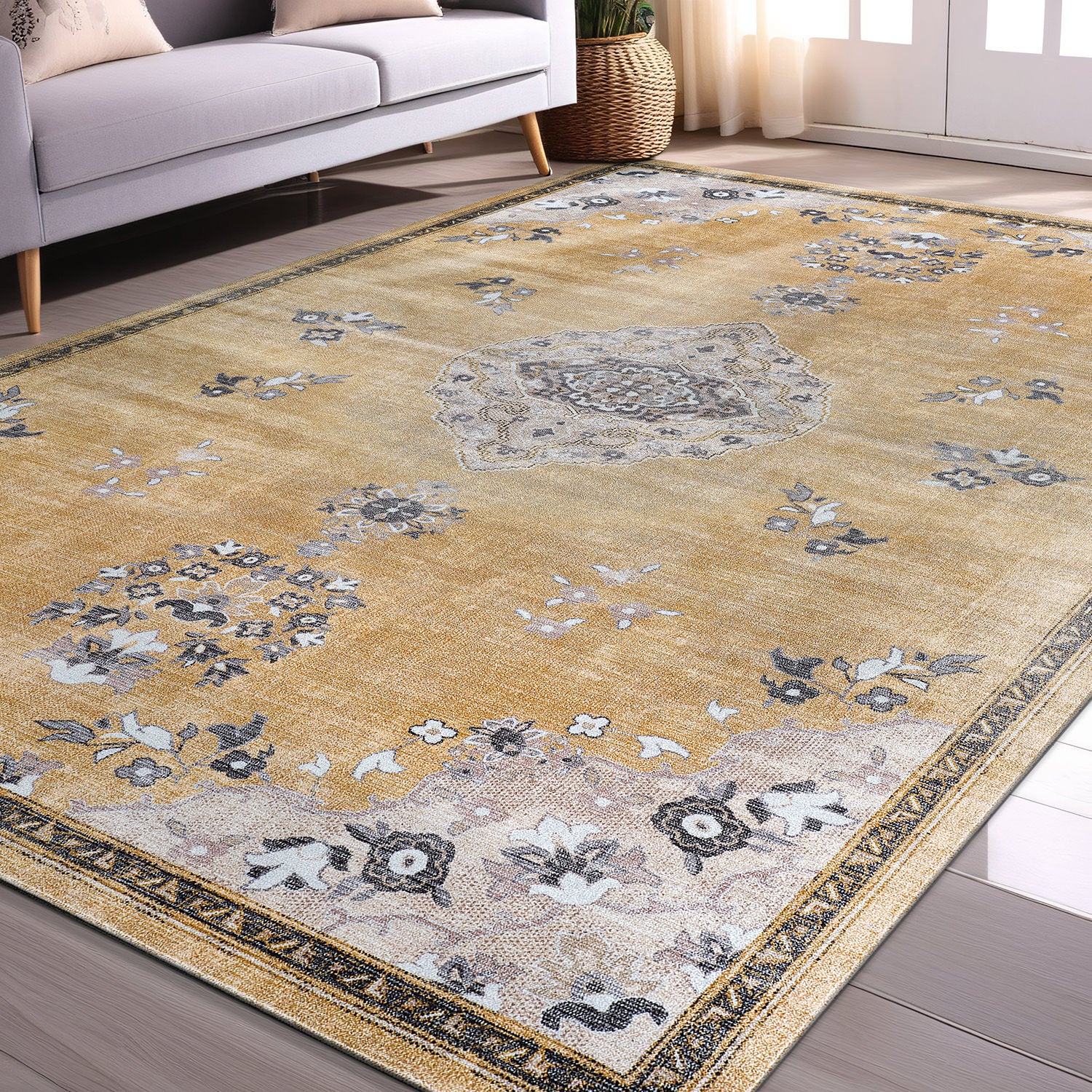 Colorful Yellow Boho Medallion Floral Non Slip Easy Silk Soft Indoor Rug