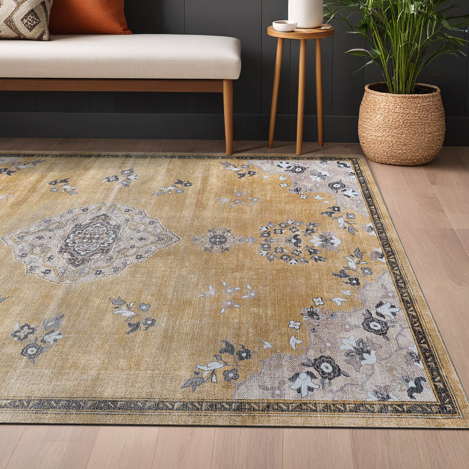 Colorful Yellow Boho Medallion Floral Non Slip Easy Silk Soft Indoor Rug
