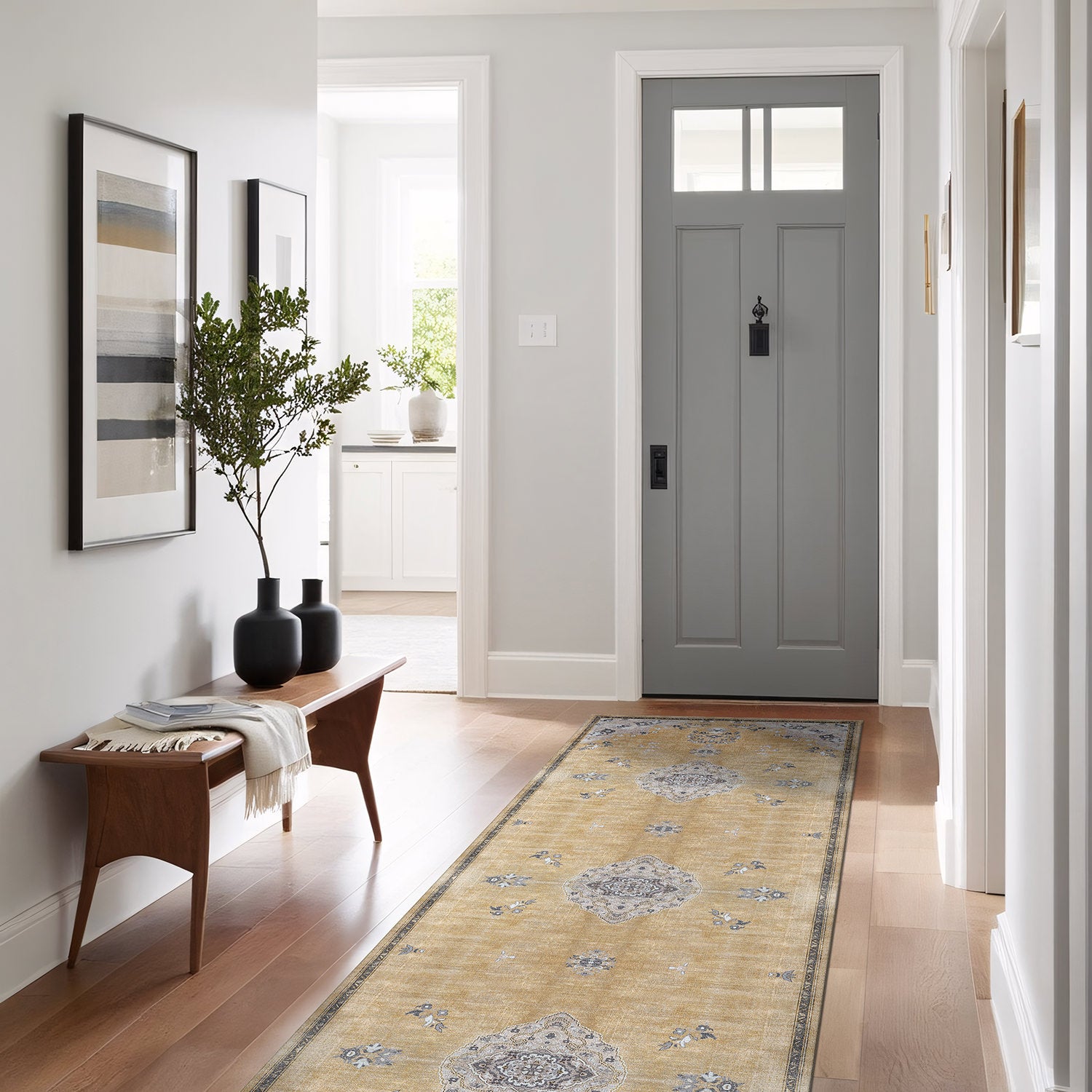 Colorful Yellow Boho Medallion Floral Non Slip Easy Silk Soft Indoor Rug