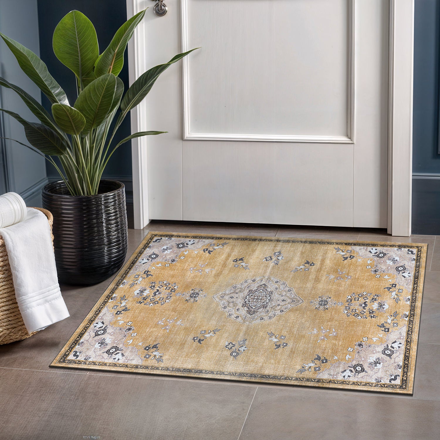 Colorful Yellow Boho Medallion Floral Non Slip Easy Silk Soft Indoor Rug