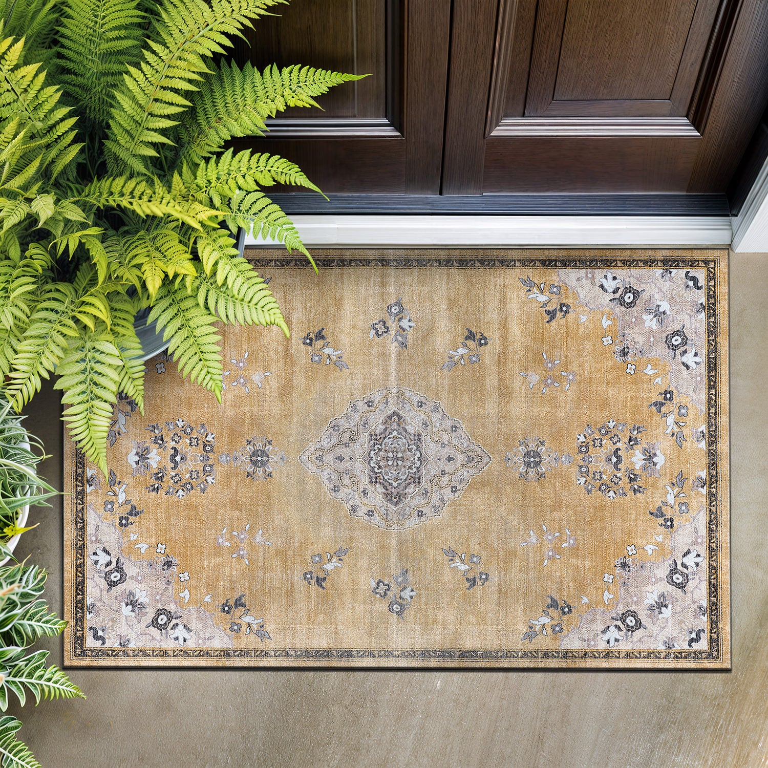 Colorful Yellow Boho Medallion Floral Non Slip Easy Silk Soft Indoor Rug