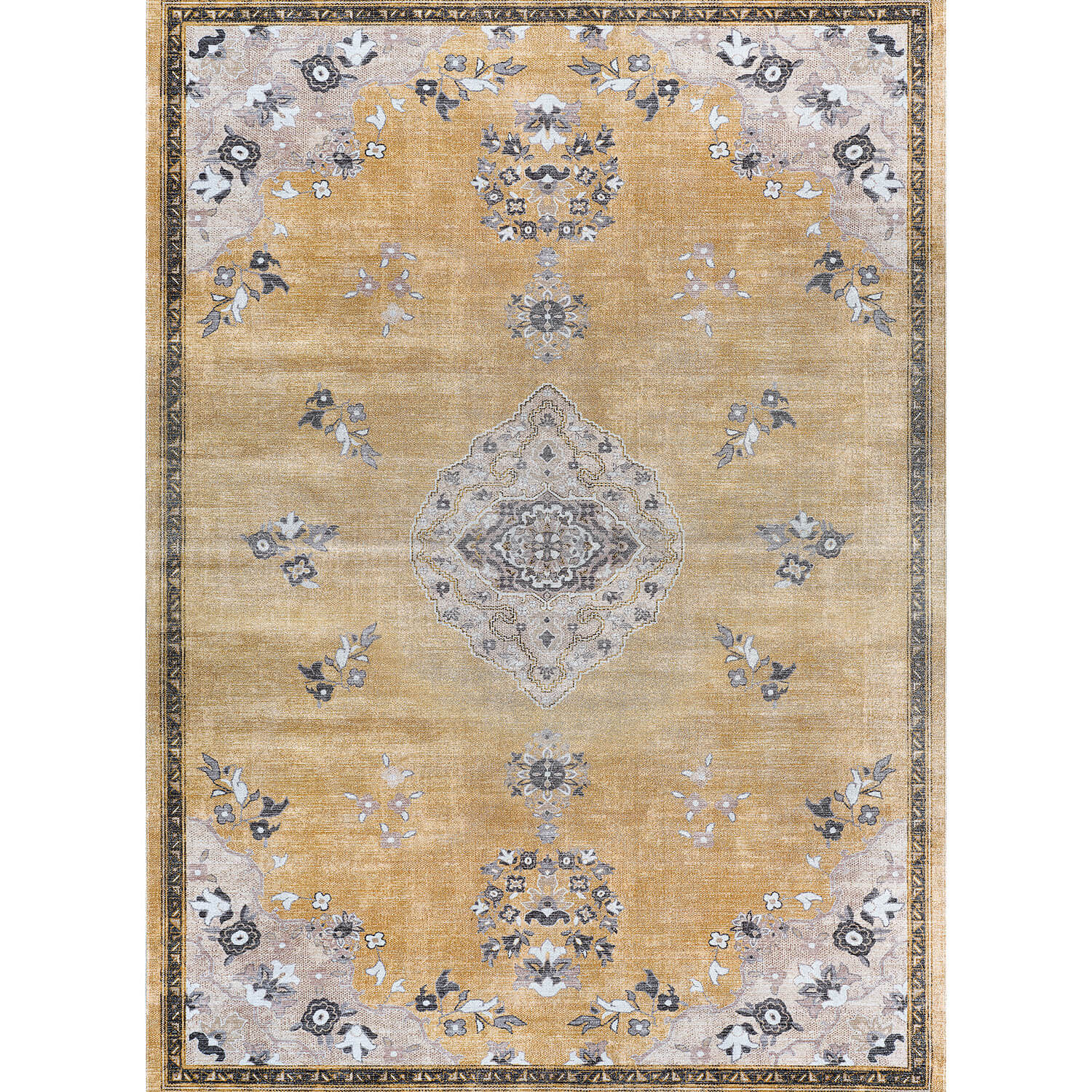 Colorful Yellow Boho Medallion Floral Non Slip Easy Silk Soft Indoor Rug