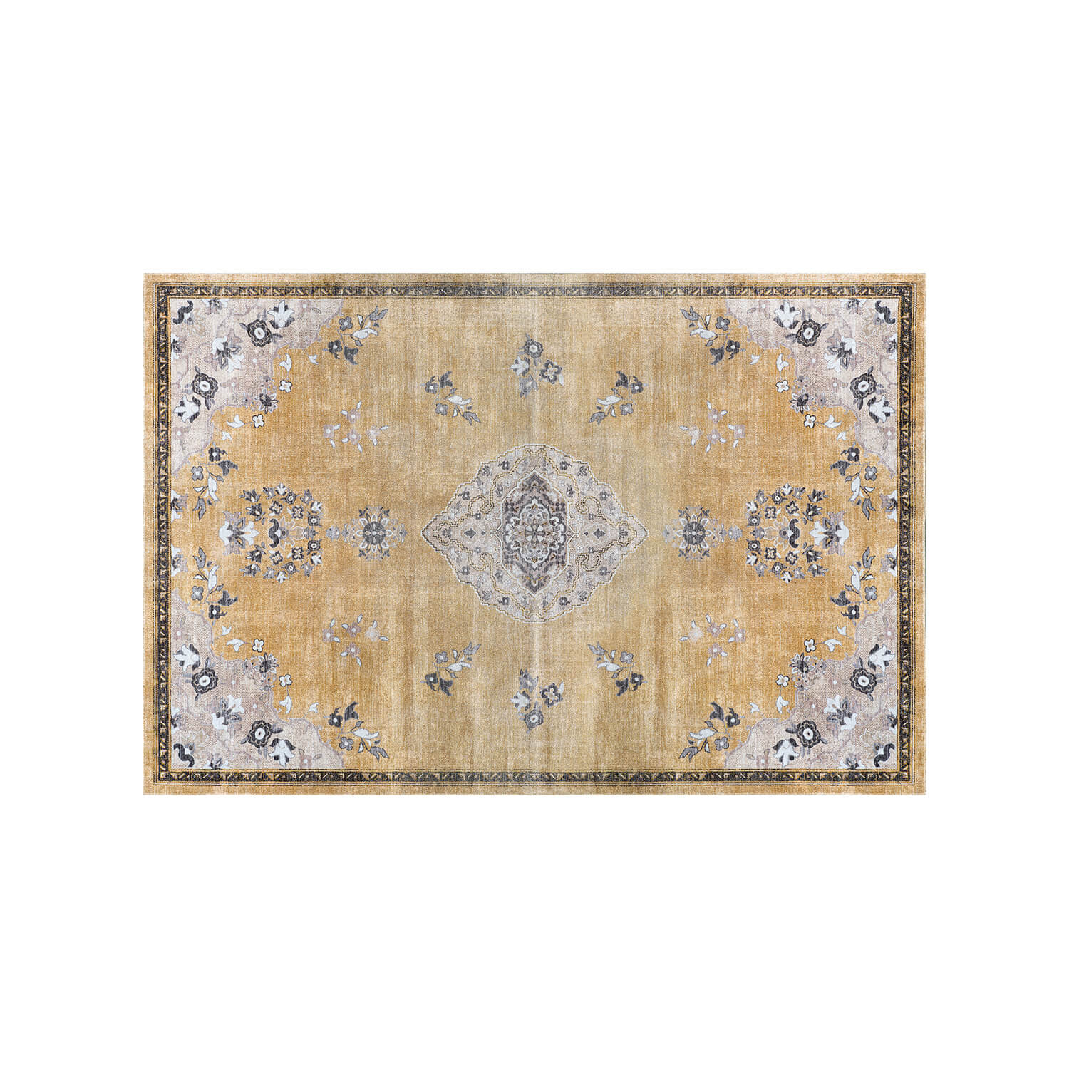 Colorful Yellow Boho Medallion Floral Non Slip Easy Silk Soft Indoor Rug