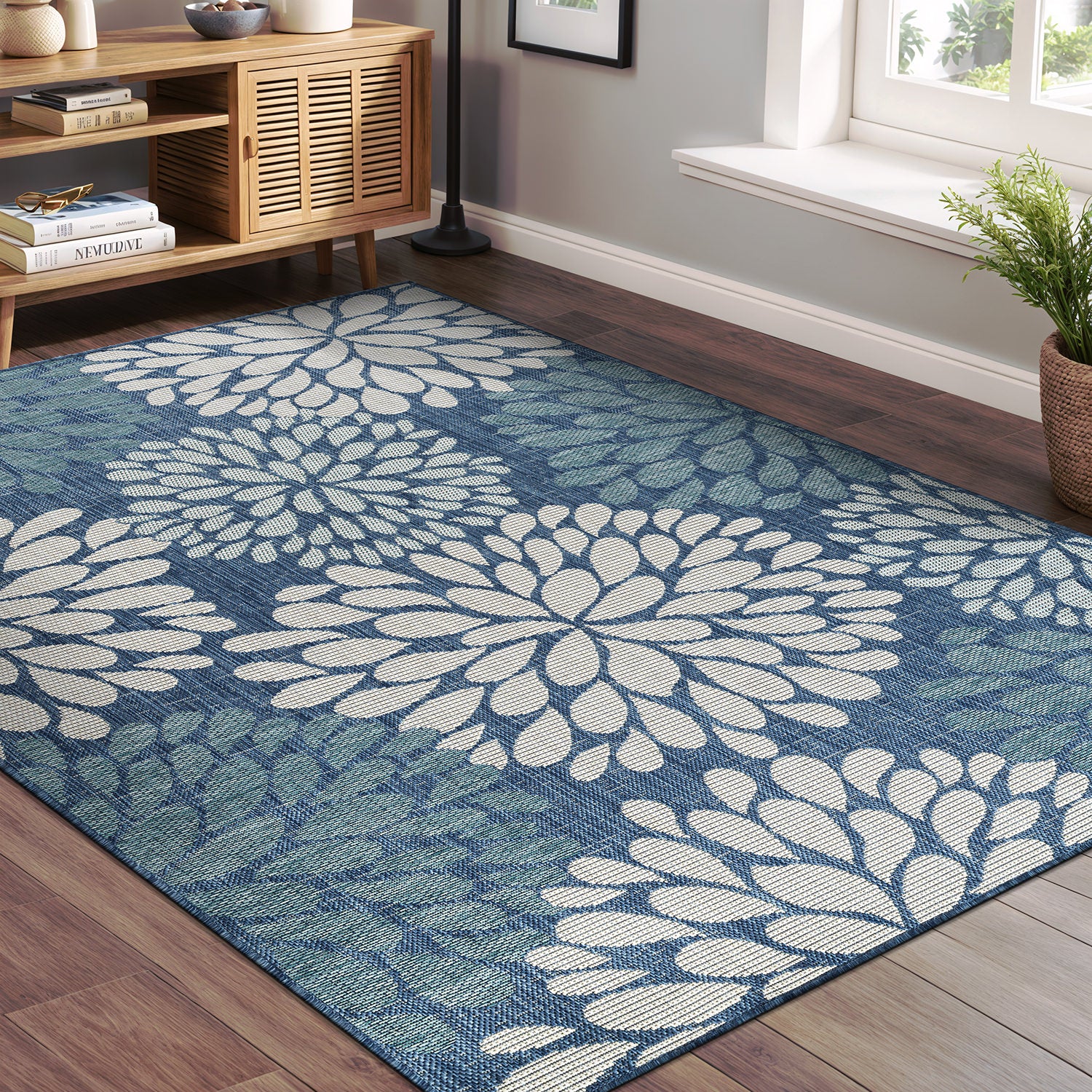 California Blue Floral Indoor Outdoor Rug