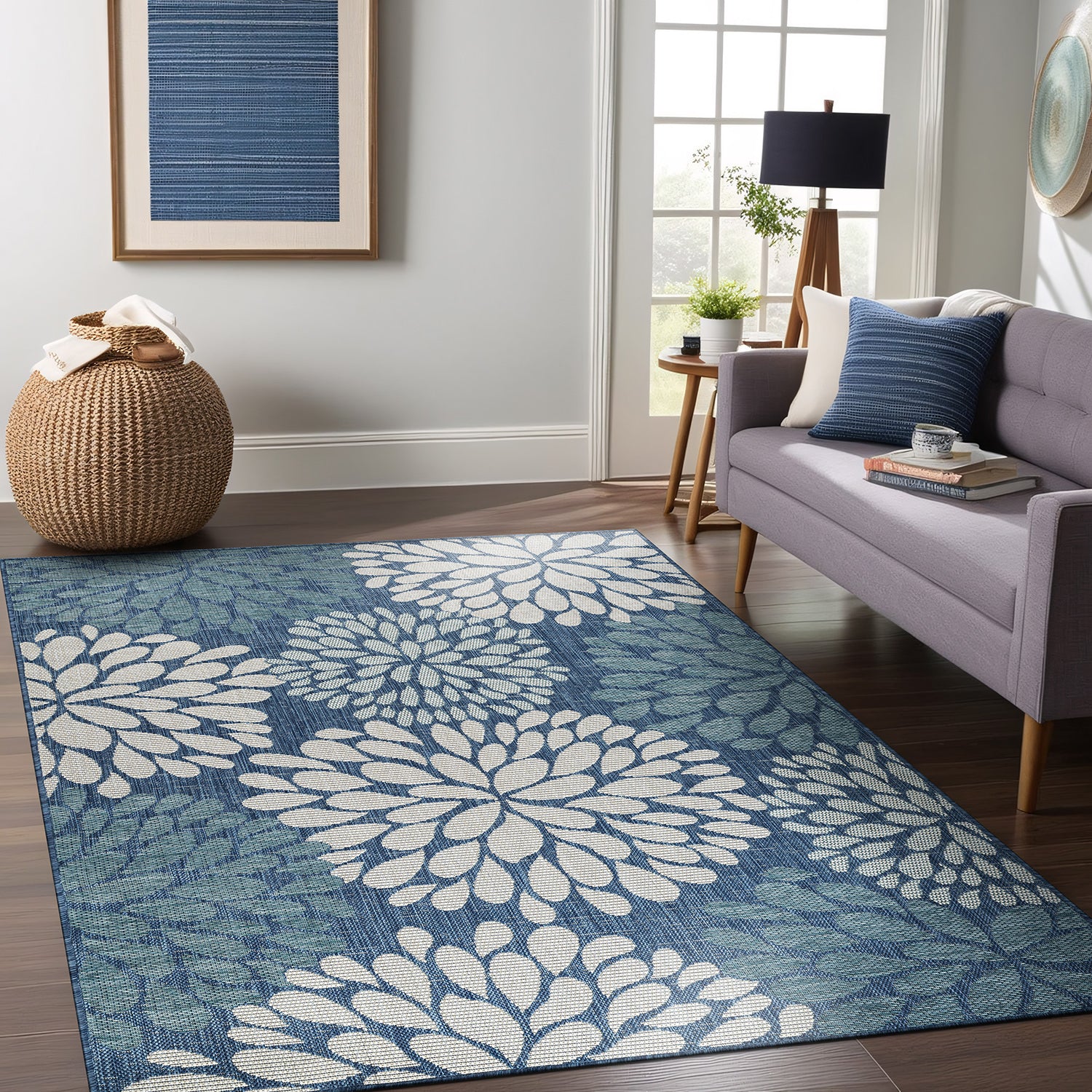 California Blue Floral Indoor Outdoor Rug