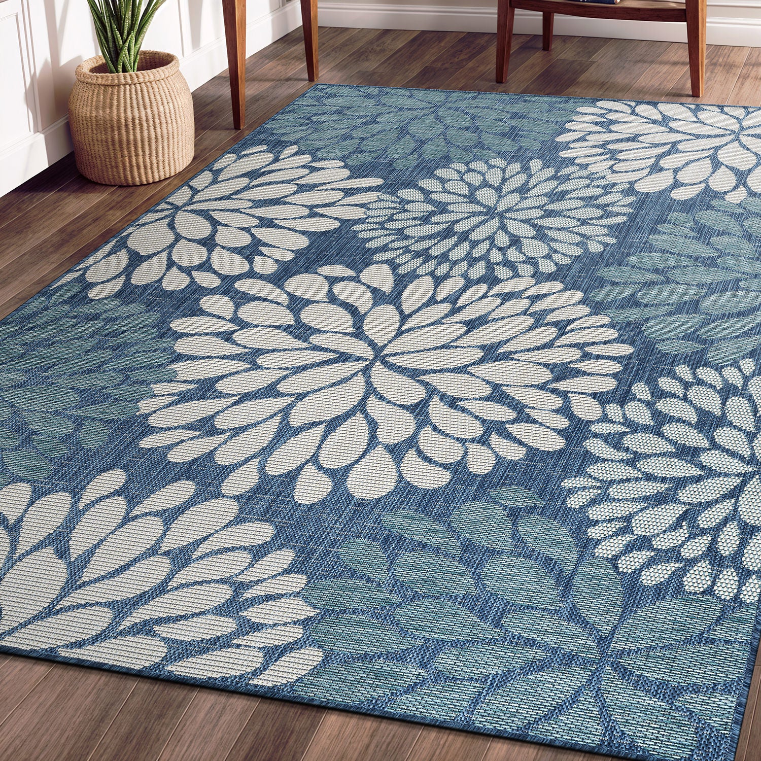 California Blue Floral Indoor Outdoor Rug